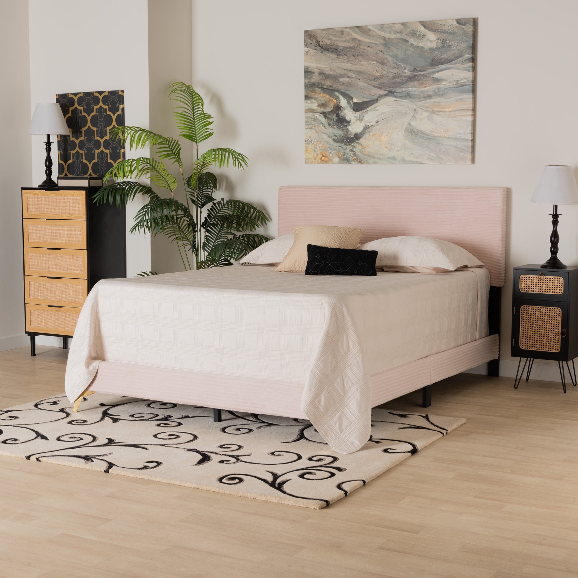 Baxton Studio Abberton Modern and Contemporary Light Pink Velvet and Gold Metal Queen Size Panel Bed