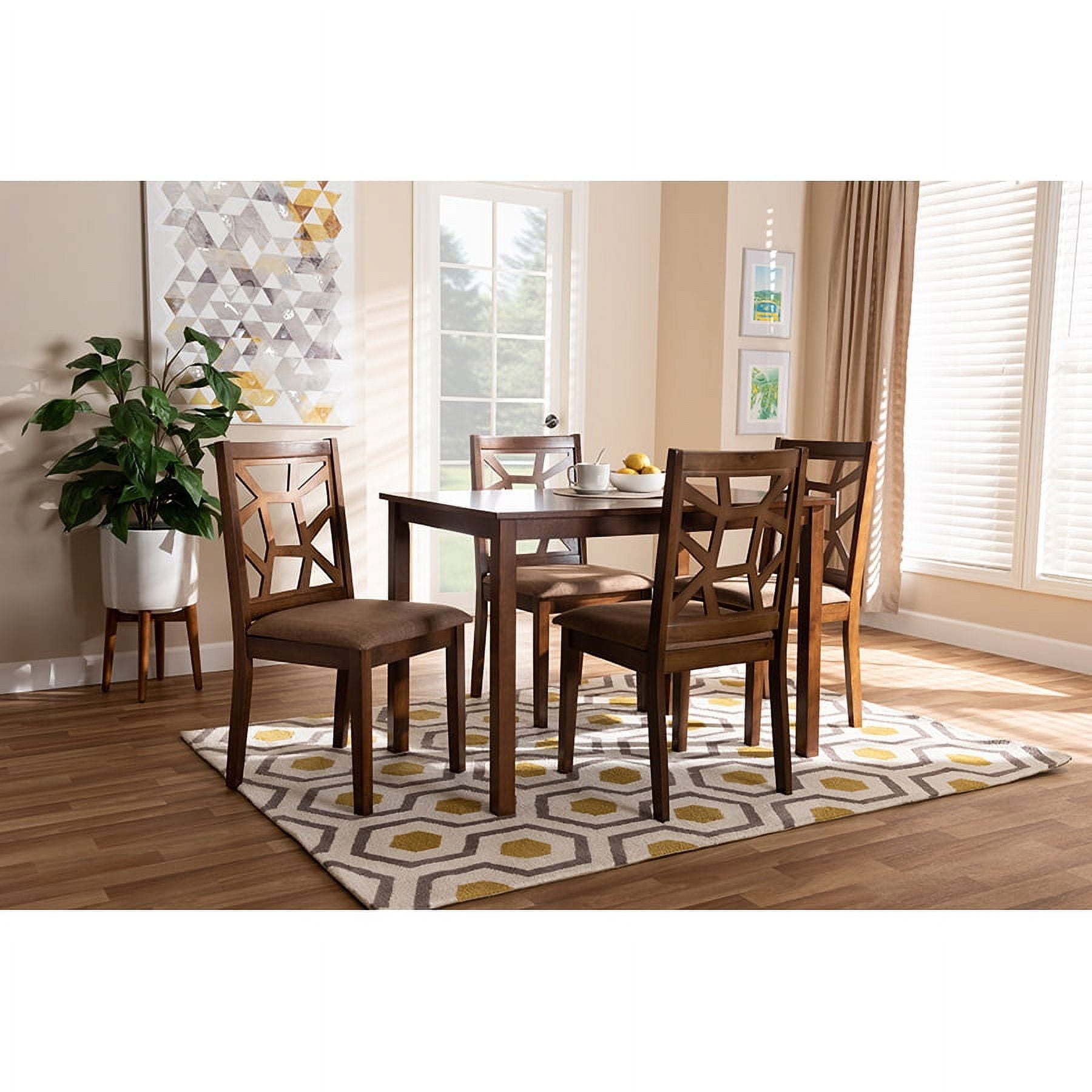 Baxton Studio Abilene Mid-Century Light Brown Fabric Upholstered and Walnut Brown Finished 5-Piece Wood Dining Set