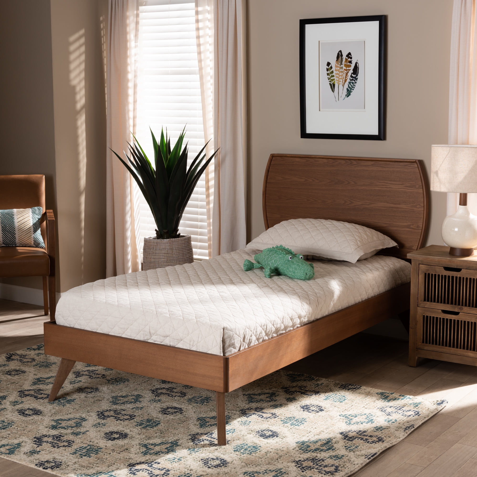 Baxton Studio Aimi Mid-Century Engineered Wood Platform Bed, Twin, Walnut Brown