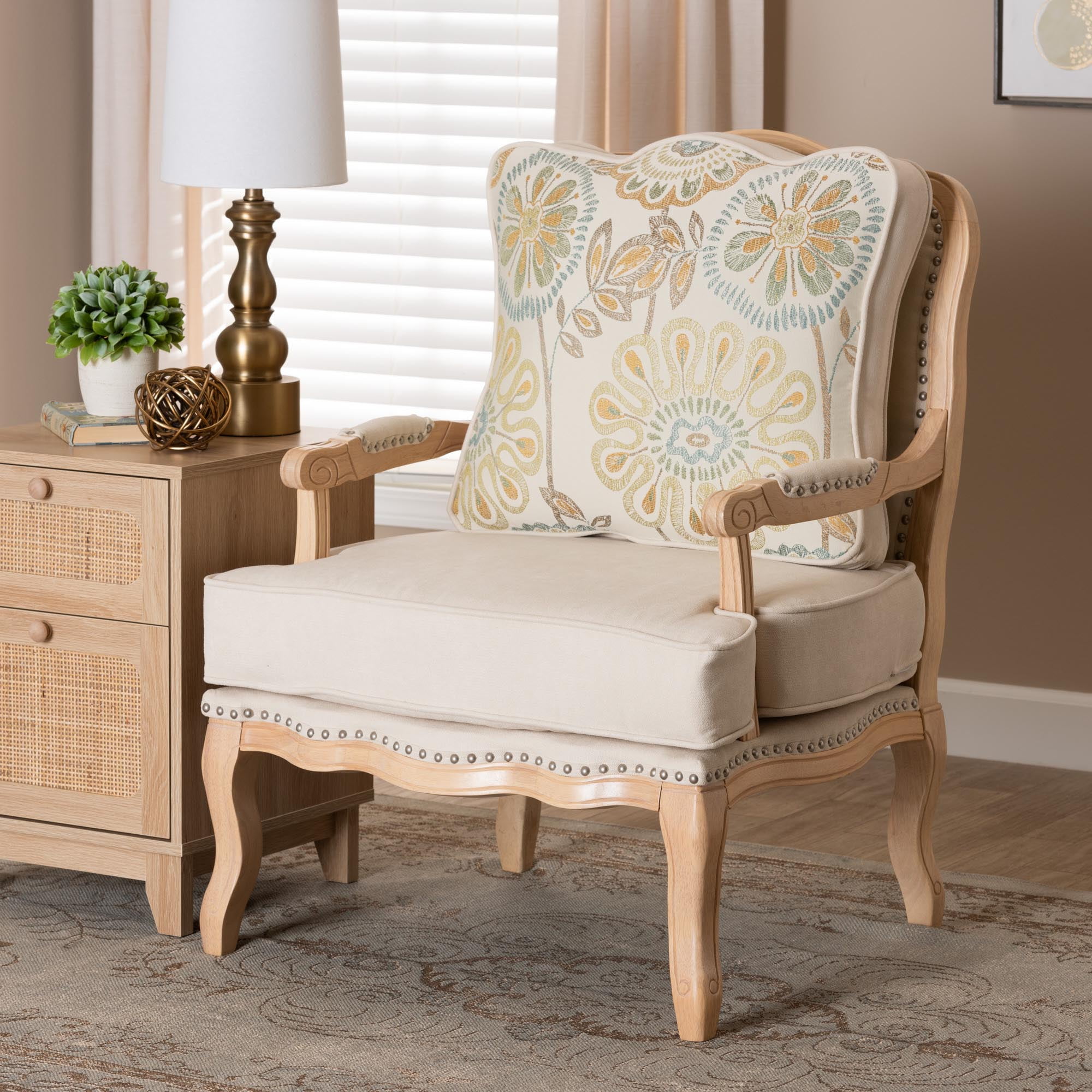 Baxton Studio Andre Traditional French Quilted Fabric and Whitewash Finished Wood Accent Chair