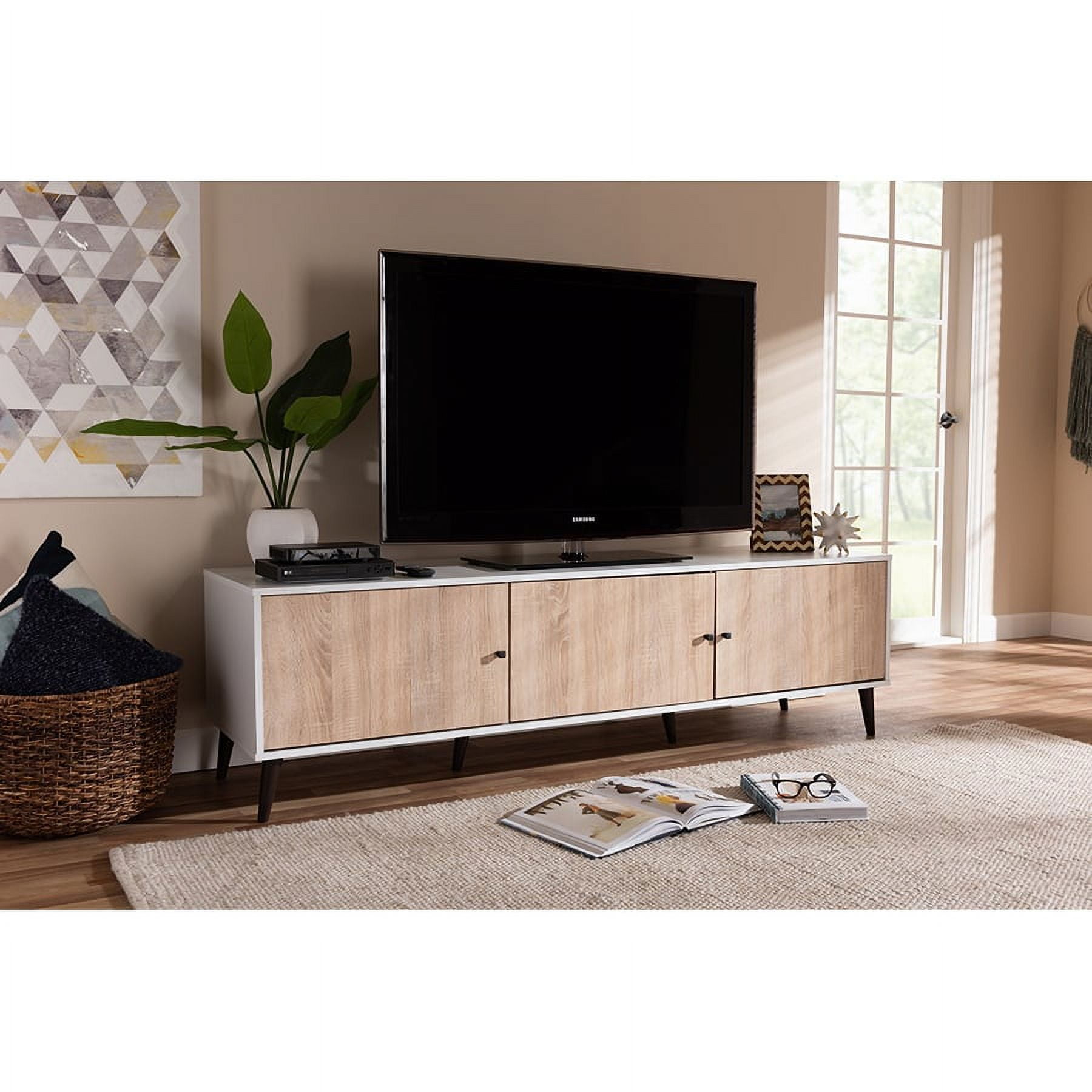 Baxton Studio Bastien Mid-Century Modern White and Light Oak 6-Shelf TV Stand
