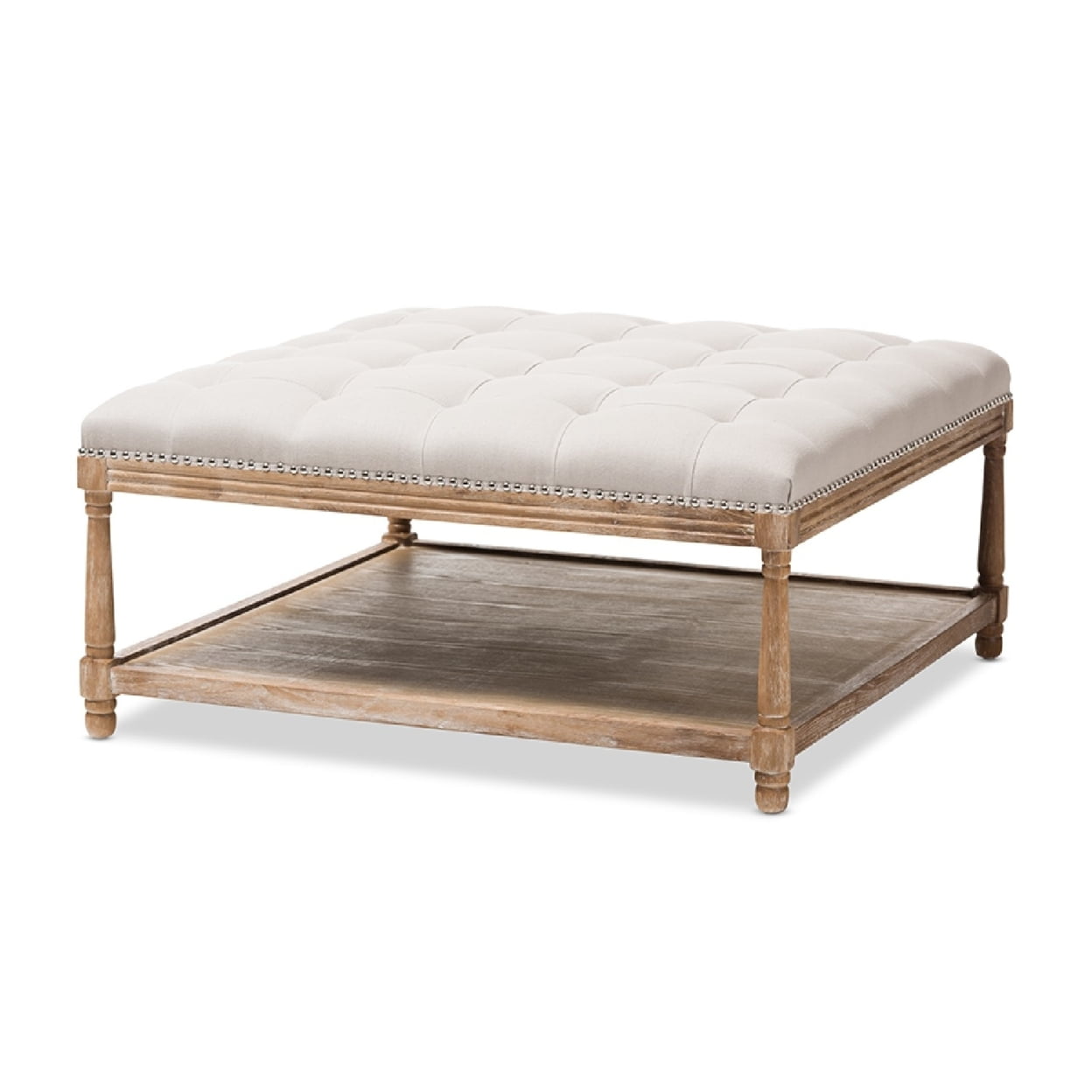 Baxton Studio Carlotta Oak Beige Linen Square Coffee Table Ottoman