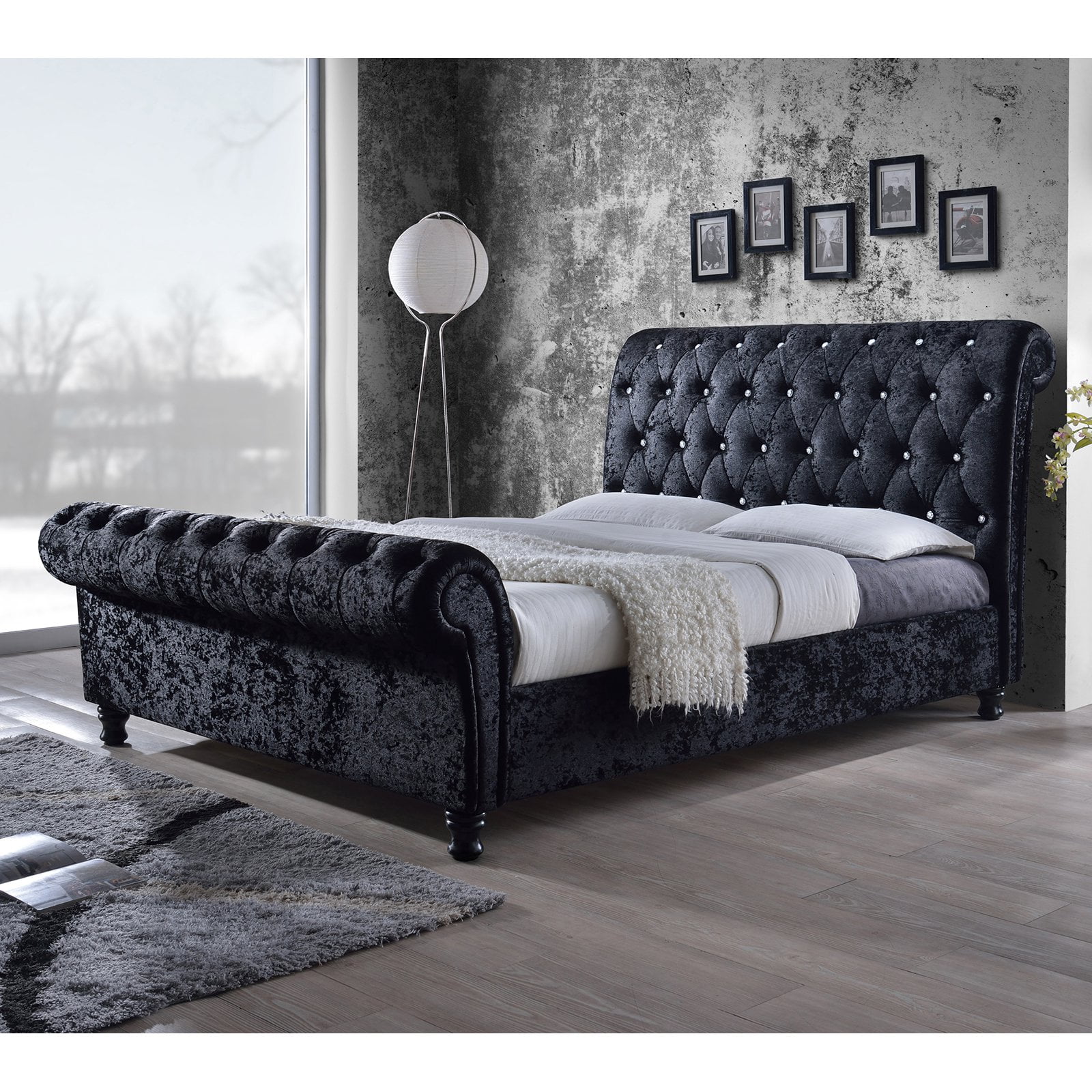 Baxton Studio Castello Black Velvet Upholstered Faux Crystal-Buttoned Sleigh Platform Bed, Queen