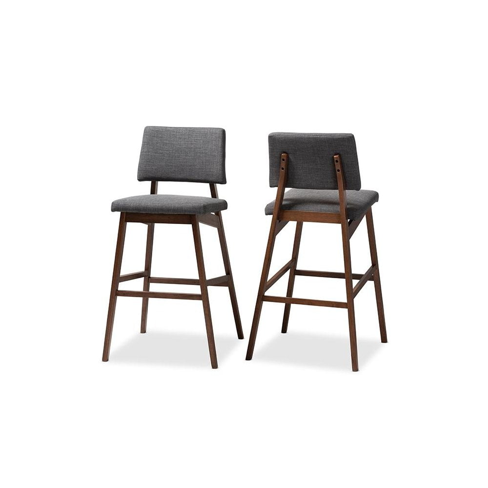 Baxton Studio Colton Mid-Century Modern Dark Gray Fabric Upholstered and Walnut-Finished Wood Bar Stool Set of 2