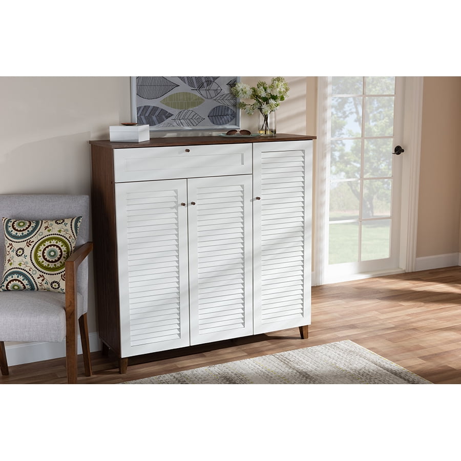 Baxton Studio Coolidge Modern and Contemporary Walnut Finished 11-Shelf Wood Shoe Storage Cabinet with Drawer