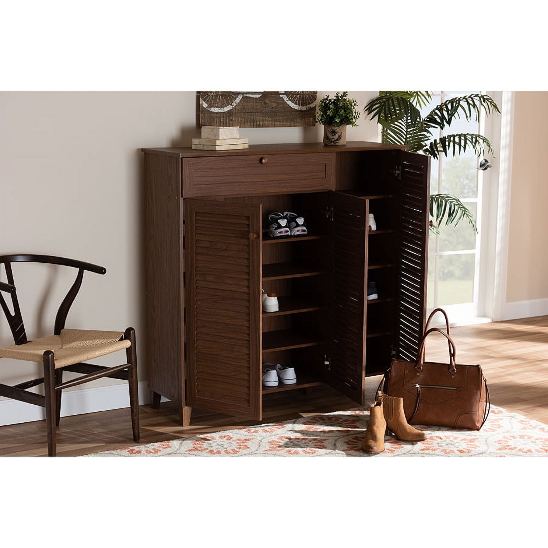 Baxton Studio Coolidge Modern and Contemporary Walnut Finished 11-Shelf Wood Shoe Storage Cabinet with Drawer