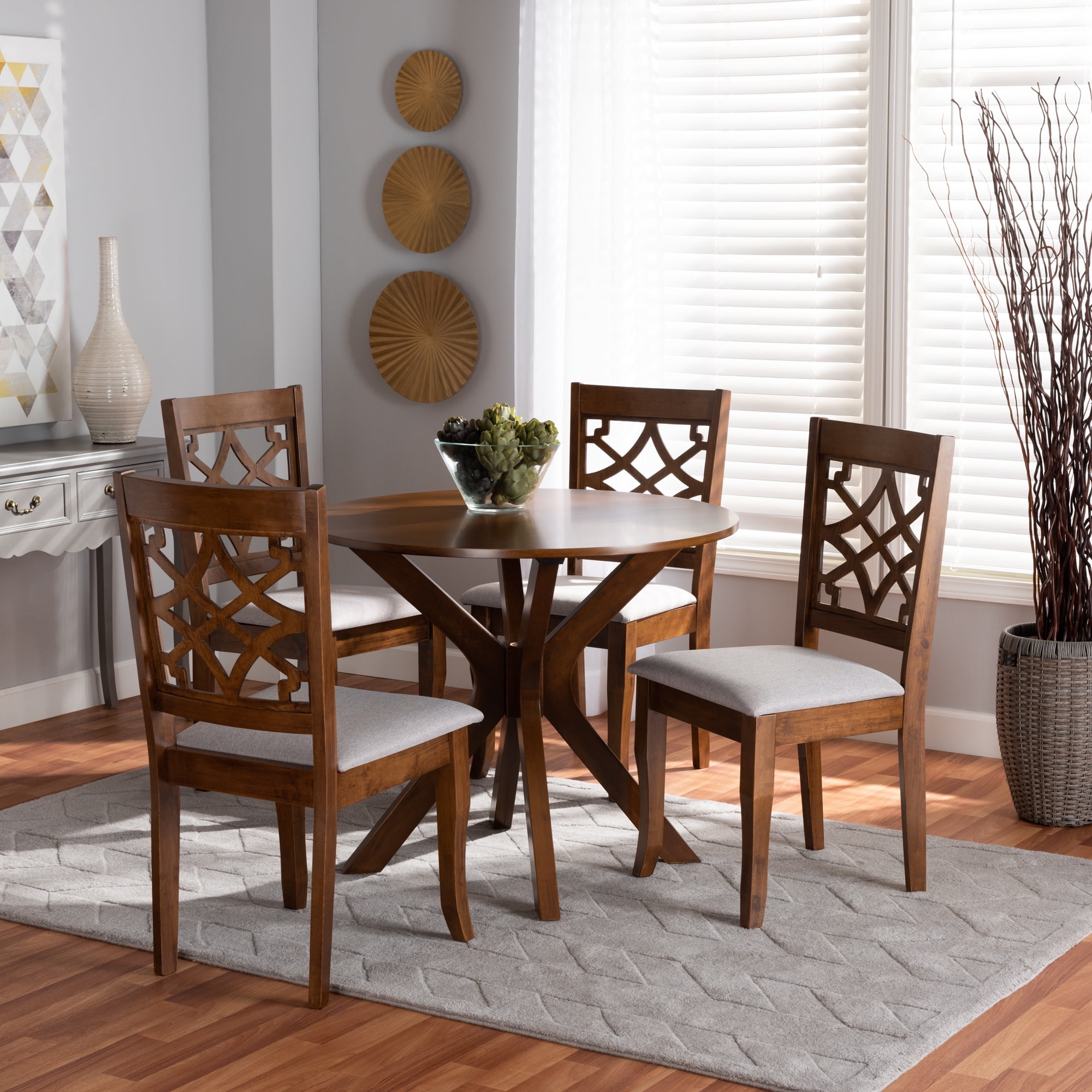 Baxton Studio Elena Modern and Contemporary Grey Fabric Upholstered and Walnut Brown Finished Wood 5-Piece Dining Set