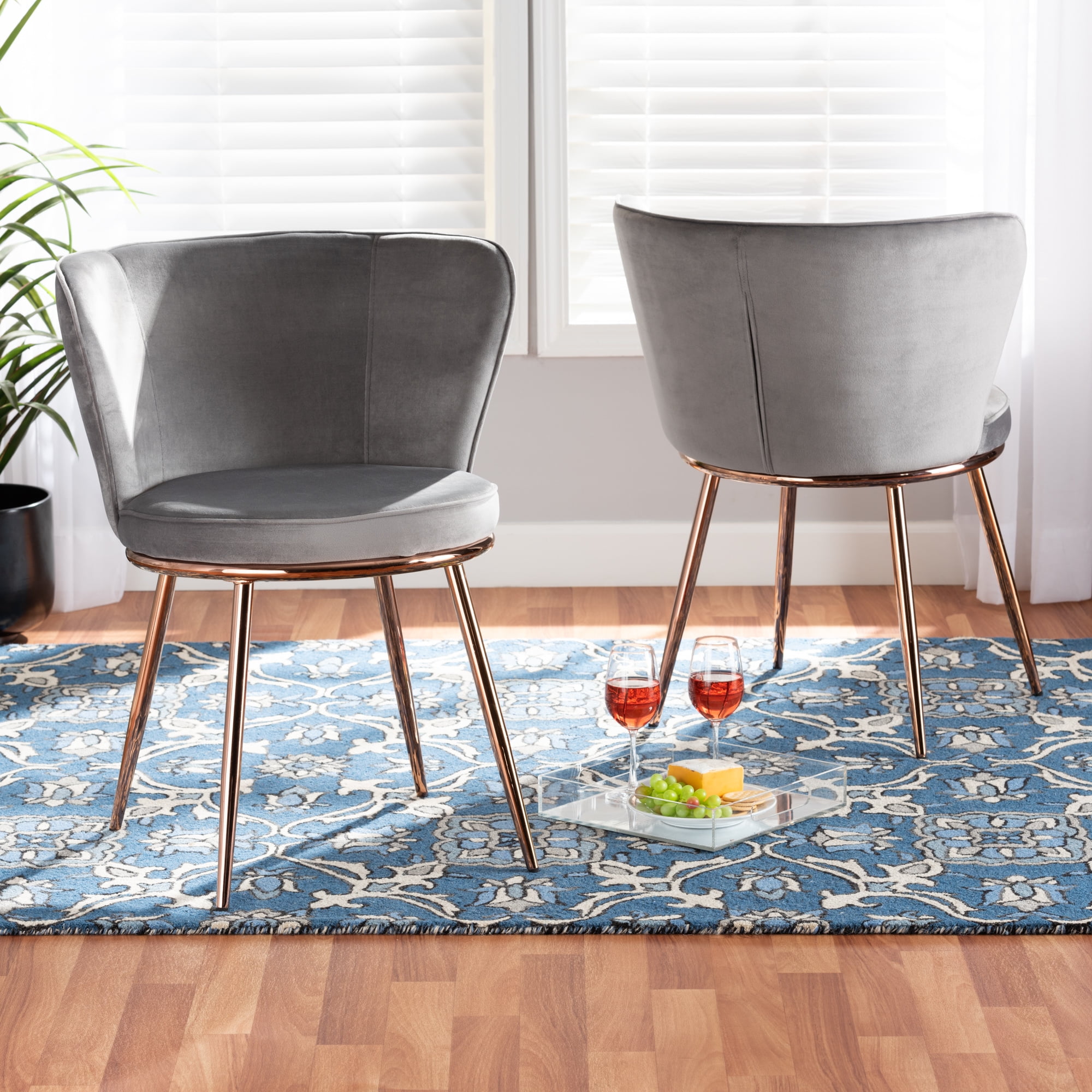 Baxton Studio Farah Dining Chair, Set of 2, Grey/Rose Gold