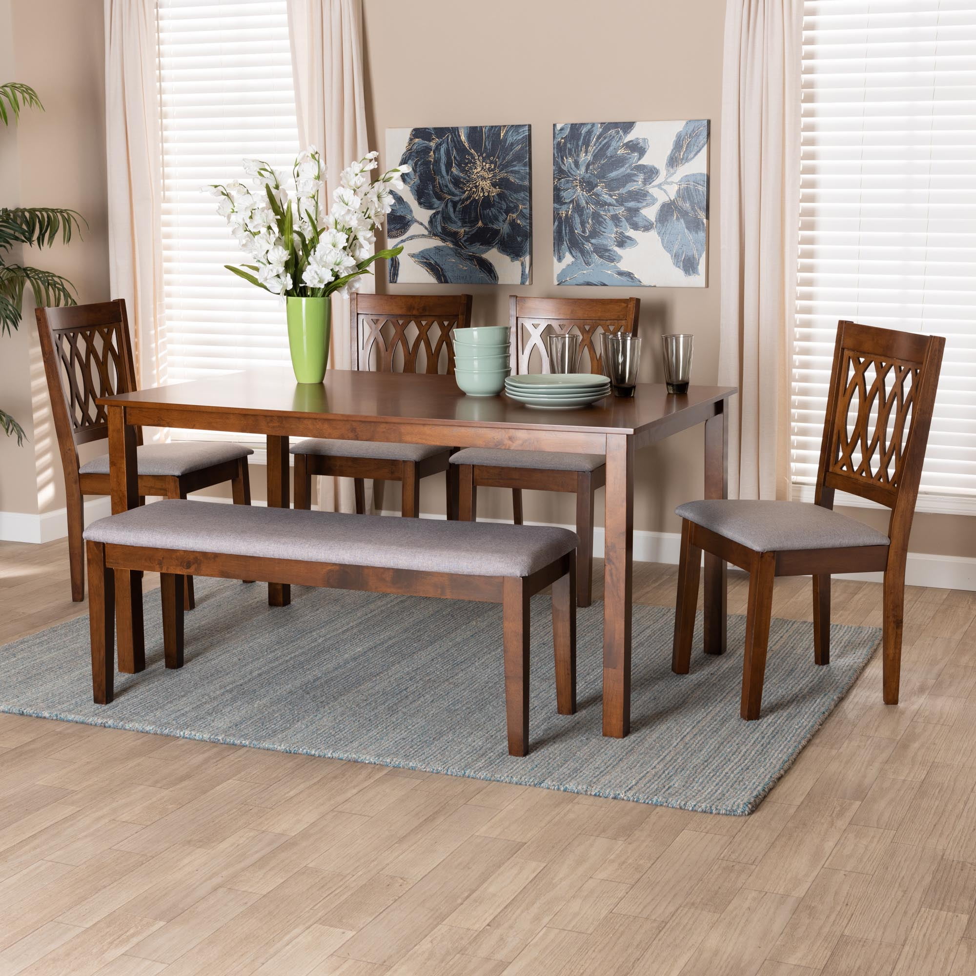Baxton Studio Florencia Modern Grey Fabric and Walnut Brown Finished Wood 6-Piece Dining Set