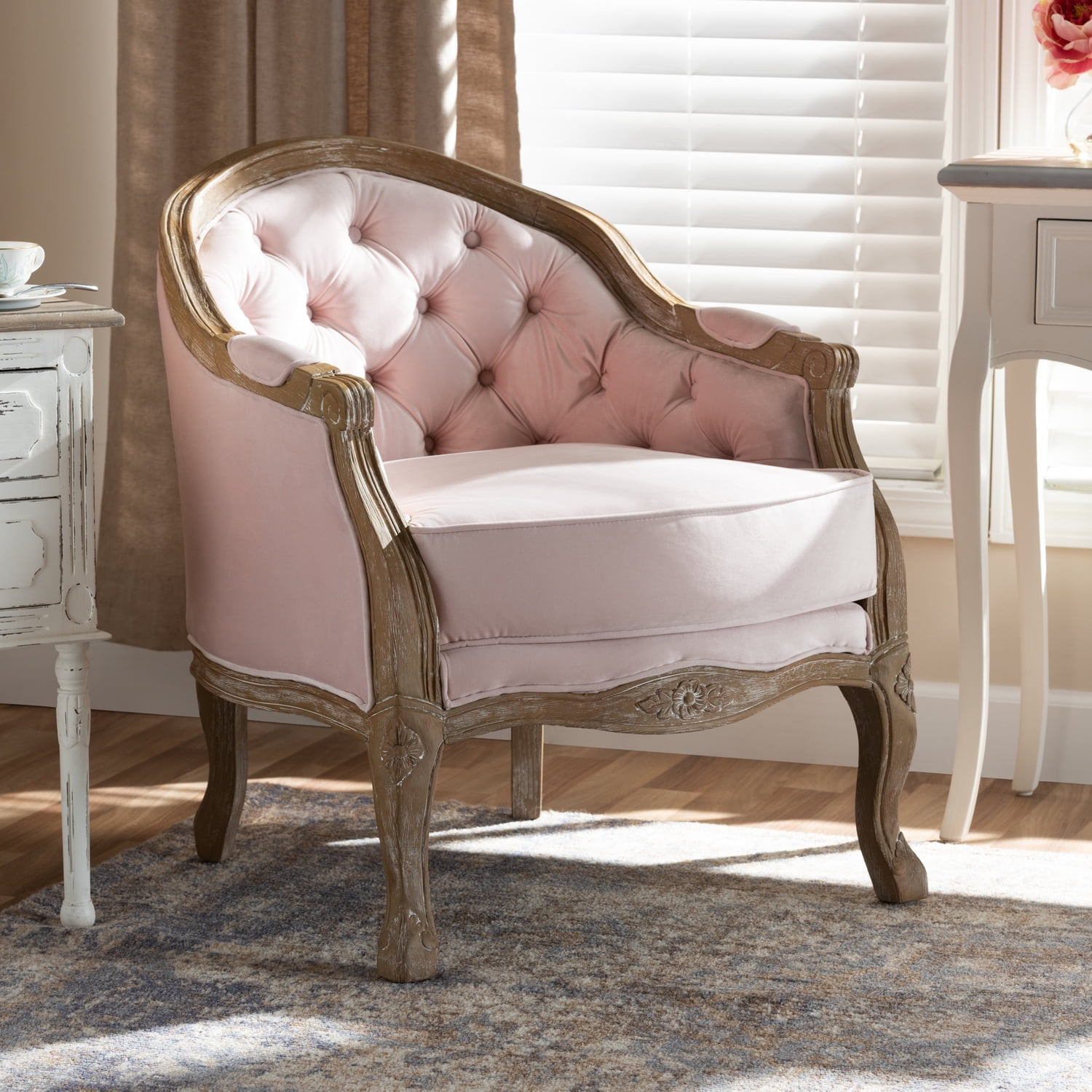 Baxton Studio Genevieve Traditional French Provincial Light Pink Velvet Upholstered White-Washed Oak Wood Armchair