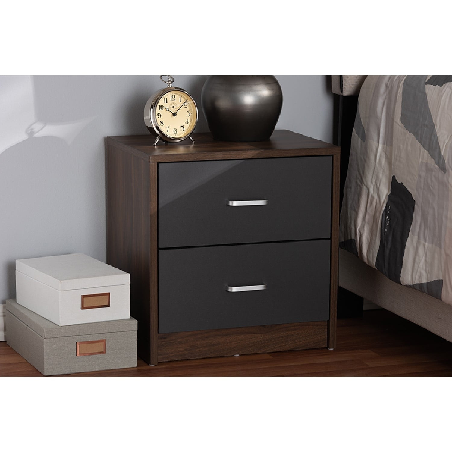 Baxton Studio Hansel Modern and Contemporary 2-Drawer Dark Brown and Dark Grey Finished Nightstand