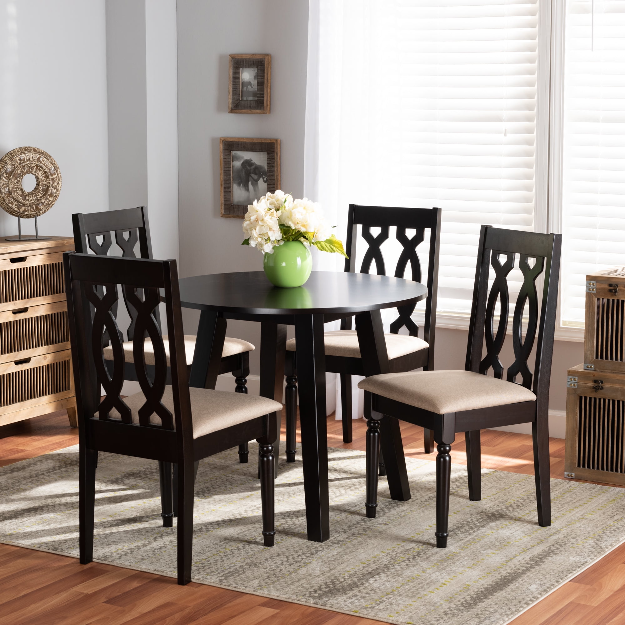 Baxton Studio Heidi Modern and Contemporary Sand Fabric Upholstered and Dark Brown Finished Wood 5-Piece Dining Set