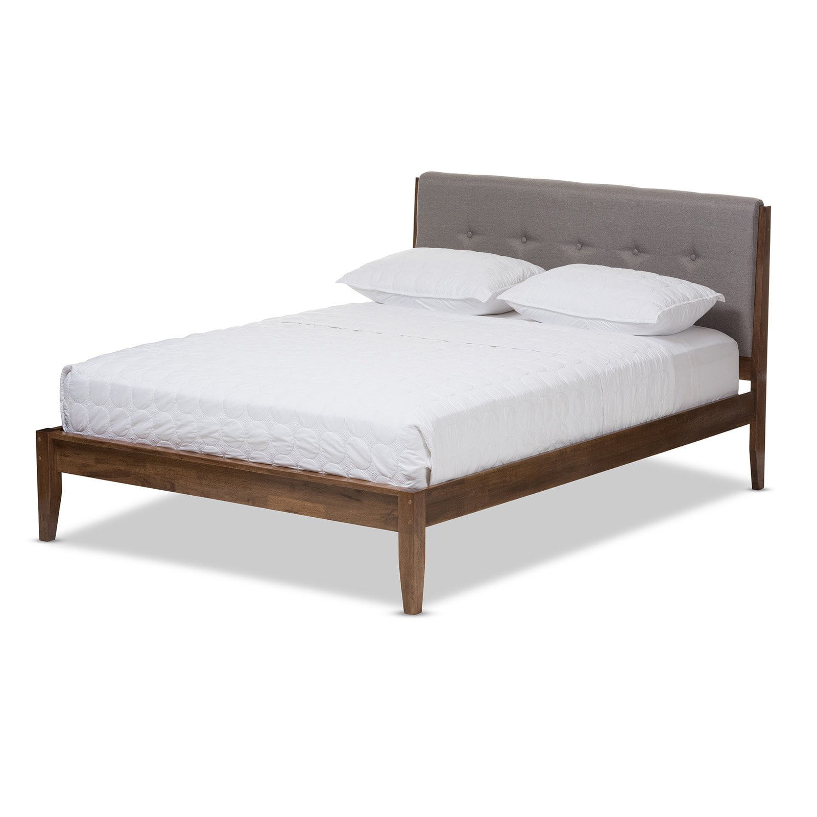 Baxton Studio Leyton Mid-Century Gray Fabric and Medium Brown Finish Wood King-Size Platform Bed