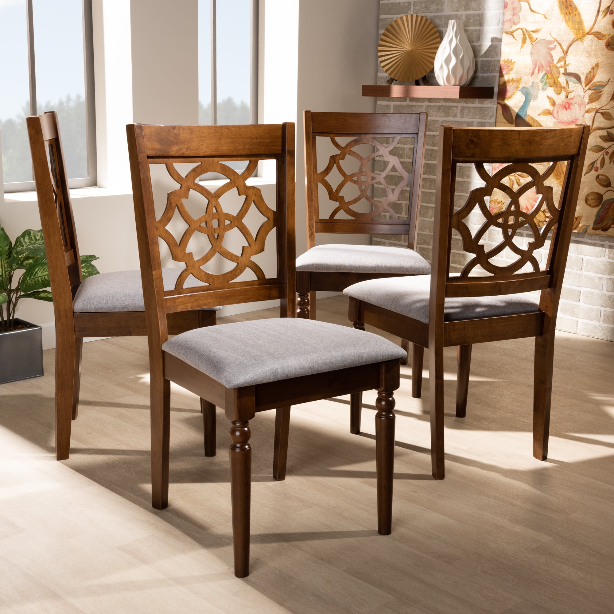 Baxton Studio Lylah Modern and Contemporary Grey Fabric Upholstered and Walnut Brown Finished Wood 4-Piece Dining Chair Set