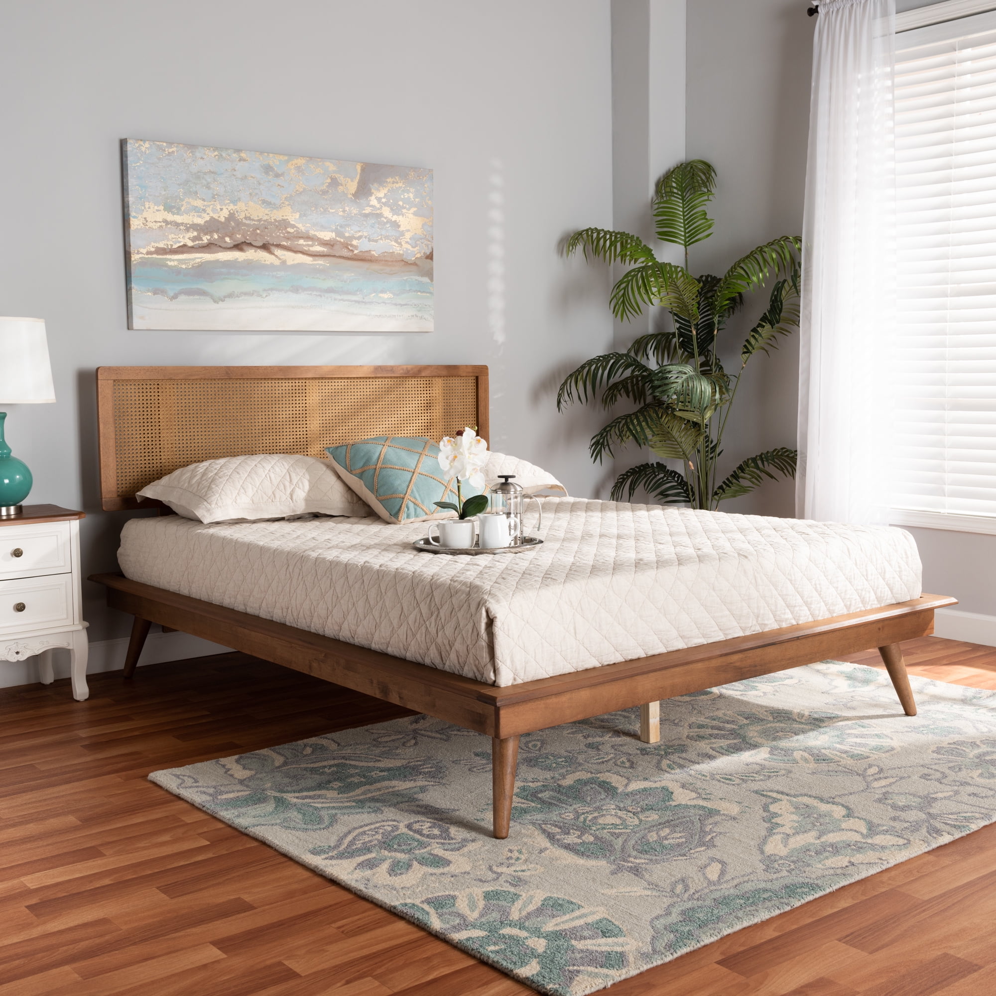 Baxton Studio Nura Mid-Century Modern Walnut Brown Finished Wood and Synthetic Rattan Queen Size Platform Bed