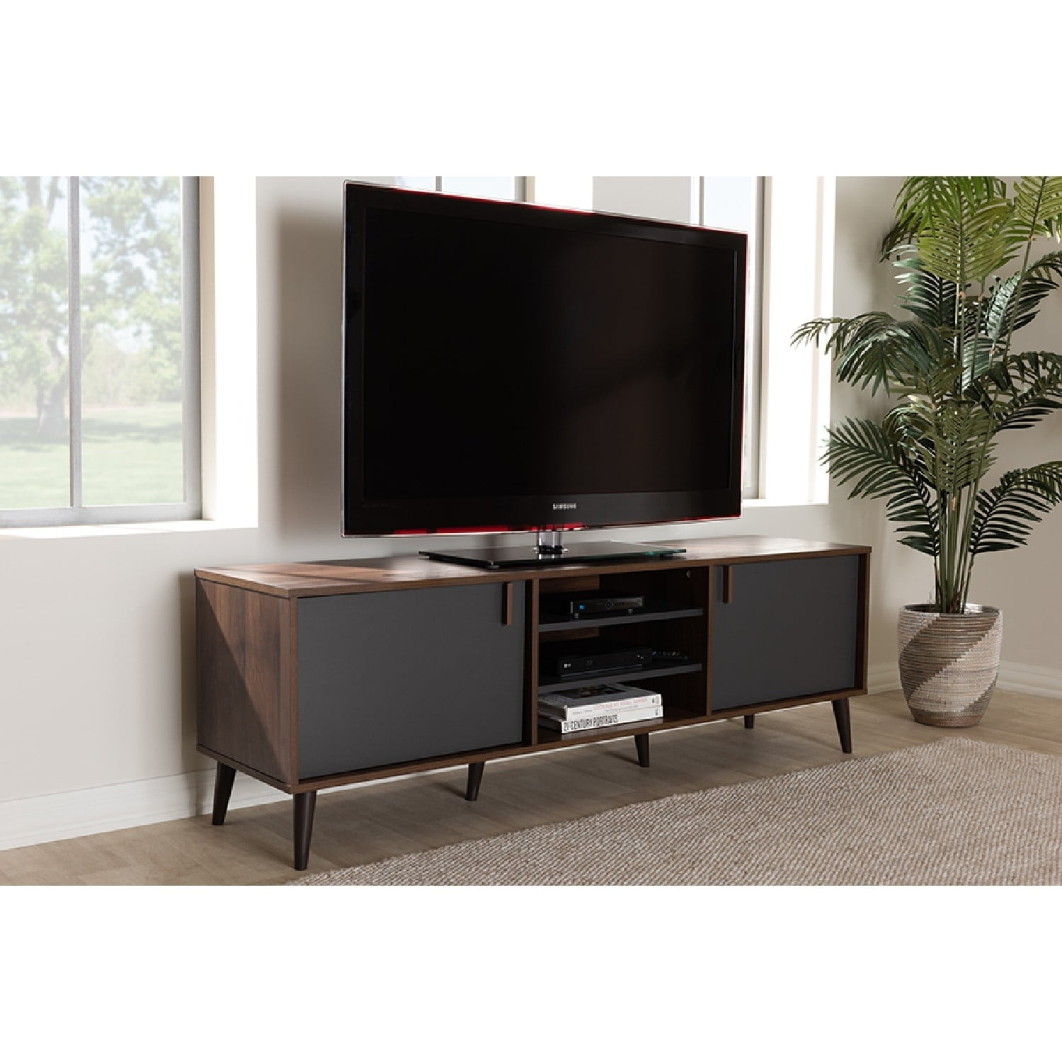 Baxton Studio Samuel Mid-Century Modern Brown and Dark Grey Finished TV Stand