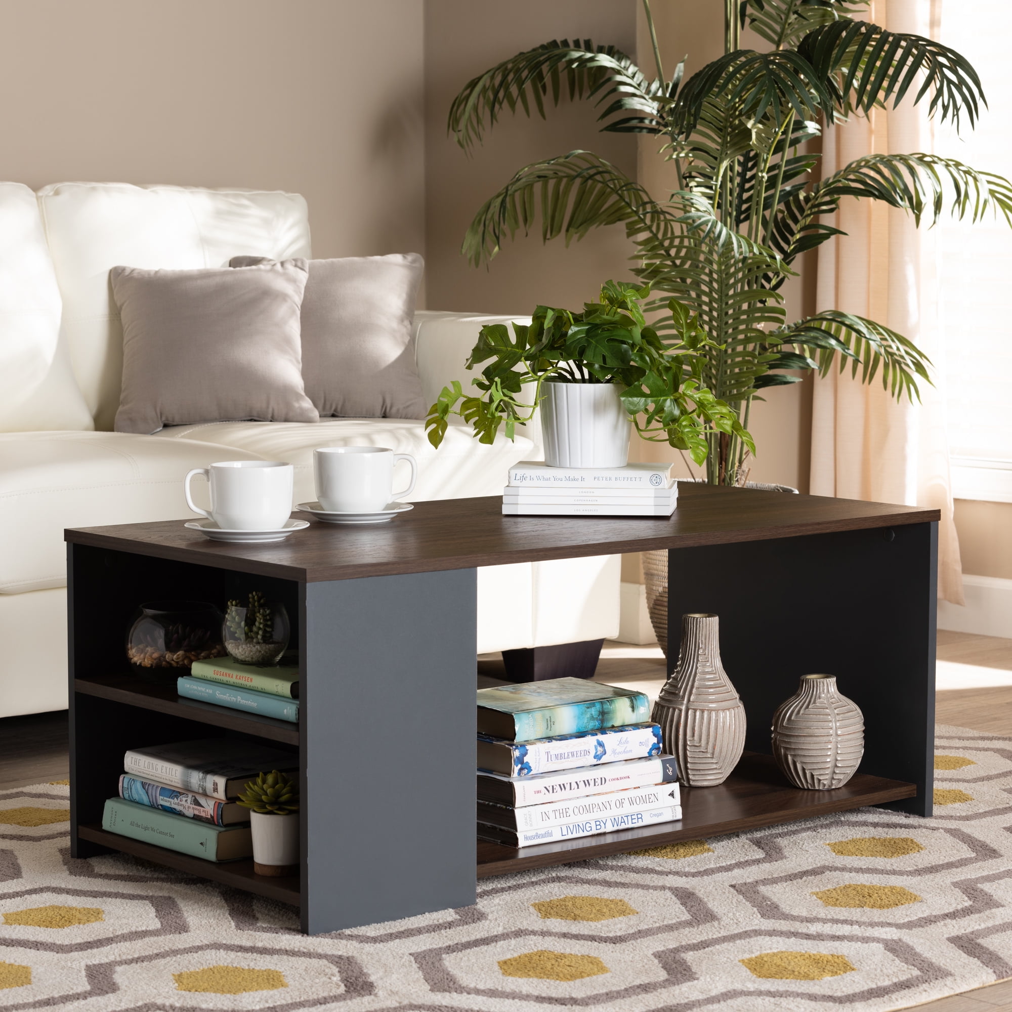 Baxton Studio Select Modern MDF Coffee Table with Storage, Walnut Brown/Gray