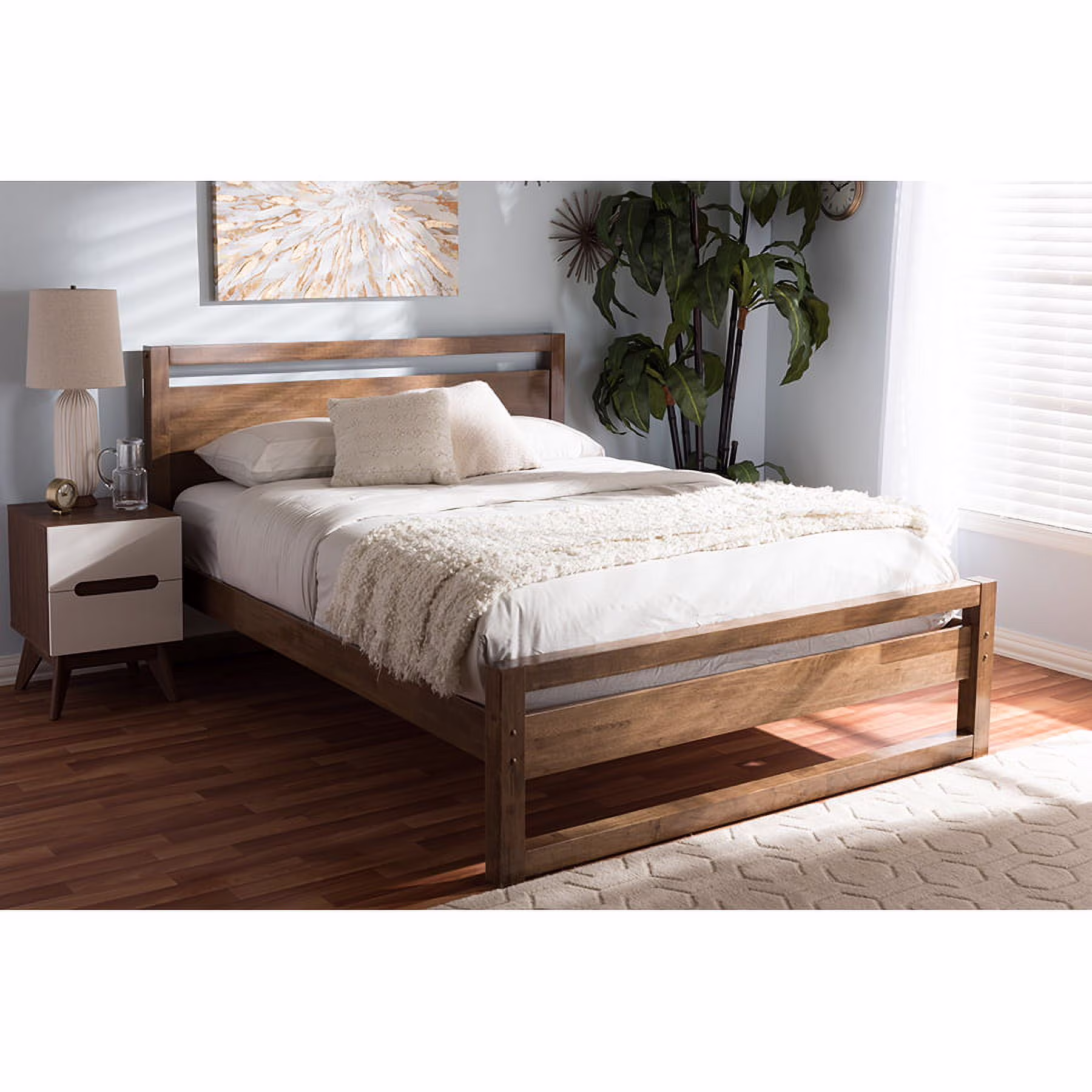 Baxton Studio Torino Mid-Century Modern Solid Walnut Wood Open Frame Style King Size Platform Bed