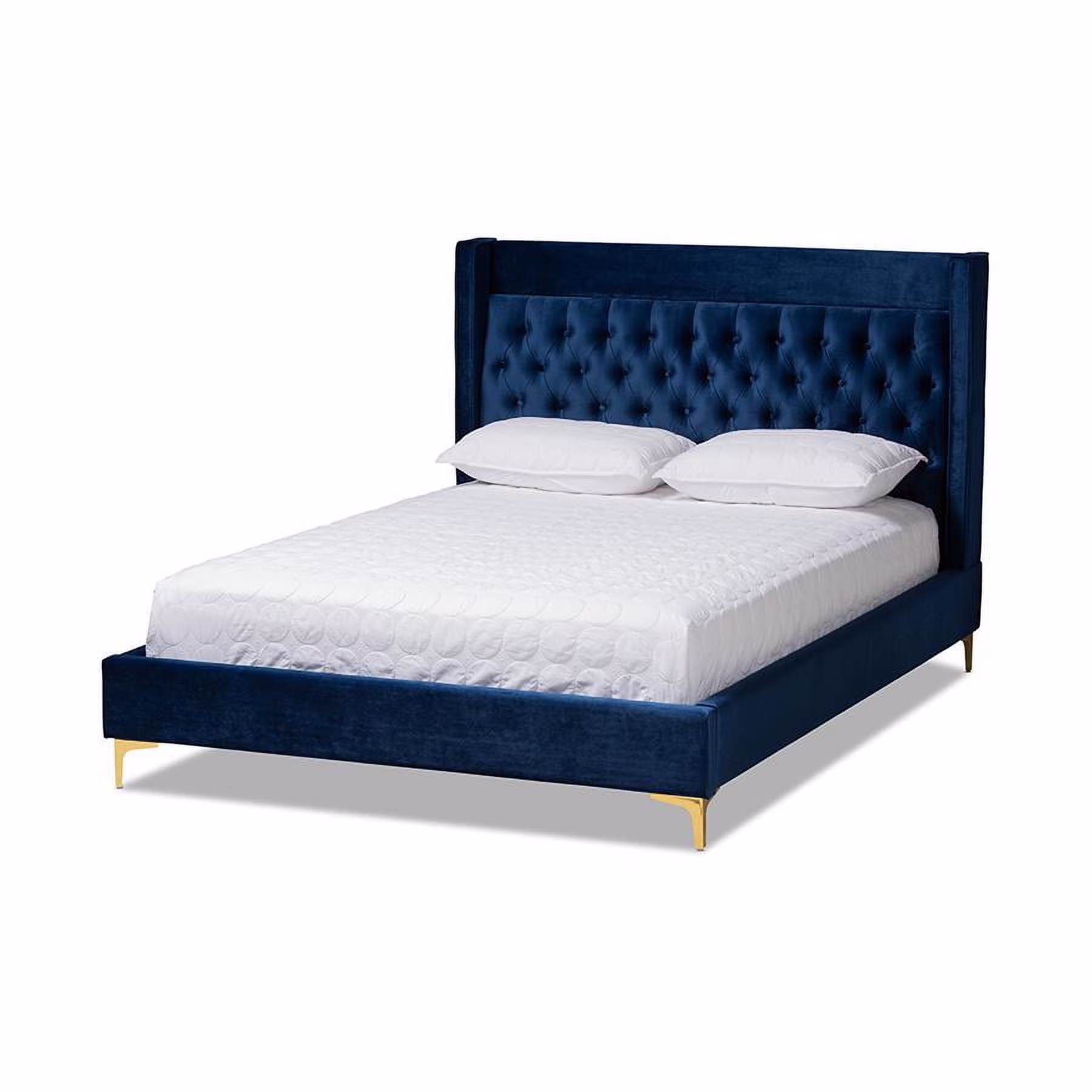 Baxton Studio Valery Modern and Contemporary Navy Blue Velvet Fabric Upholstered Queen Size Platform Bed with Gold-Finished Legs