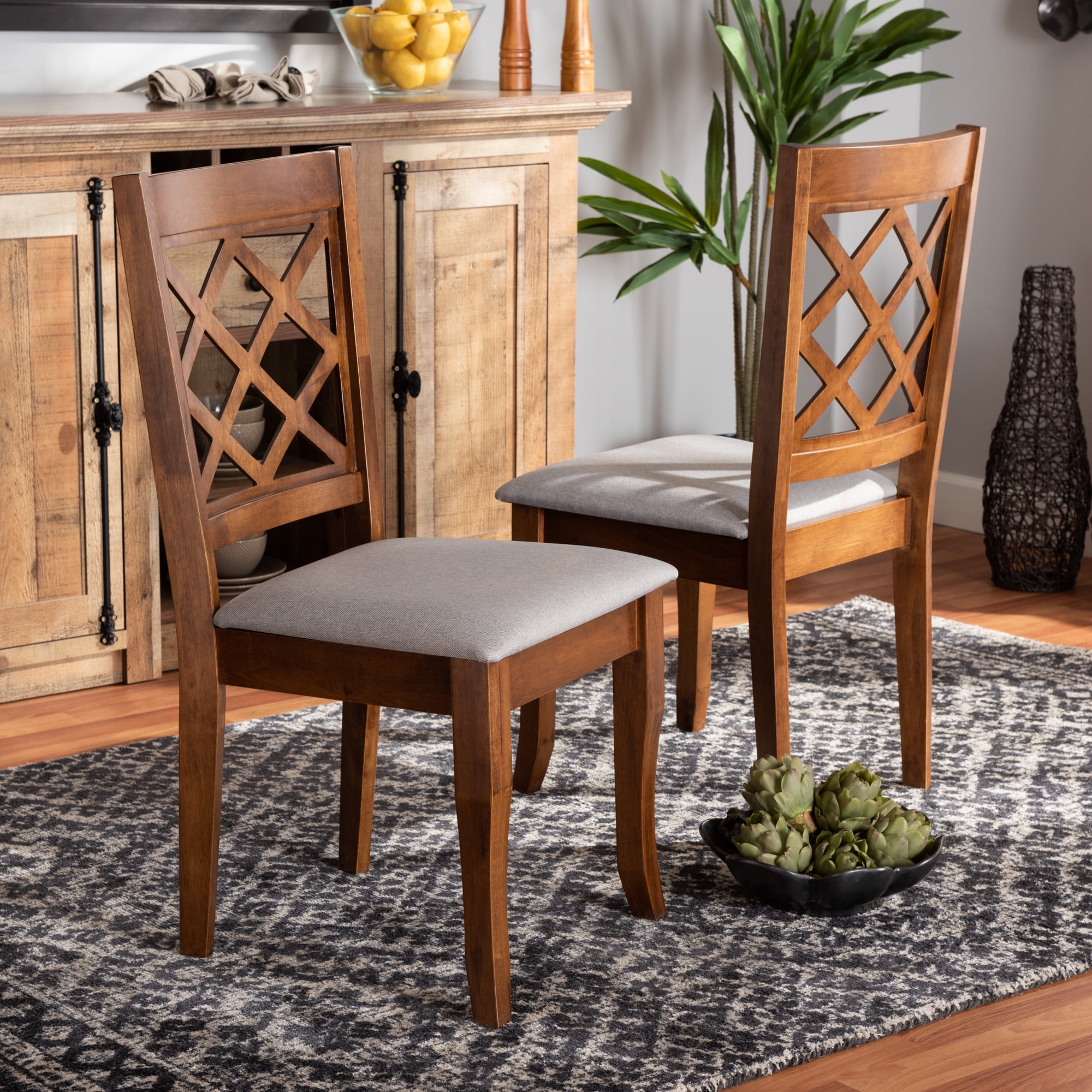 Baxton Studio Verner Modern and Contemporary Grey Fabric Upholstered Walnut Finished Wood 2-Piece Dining Chair Set