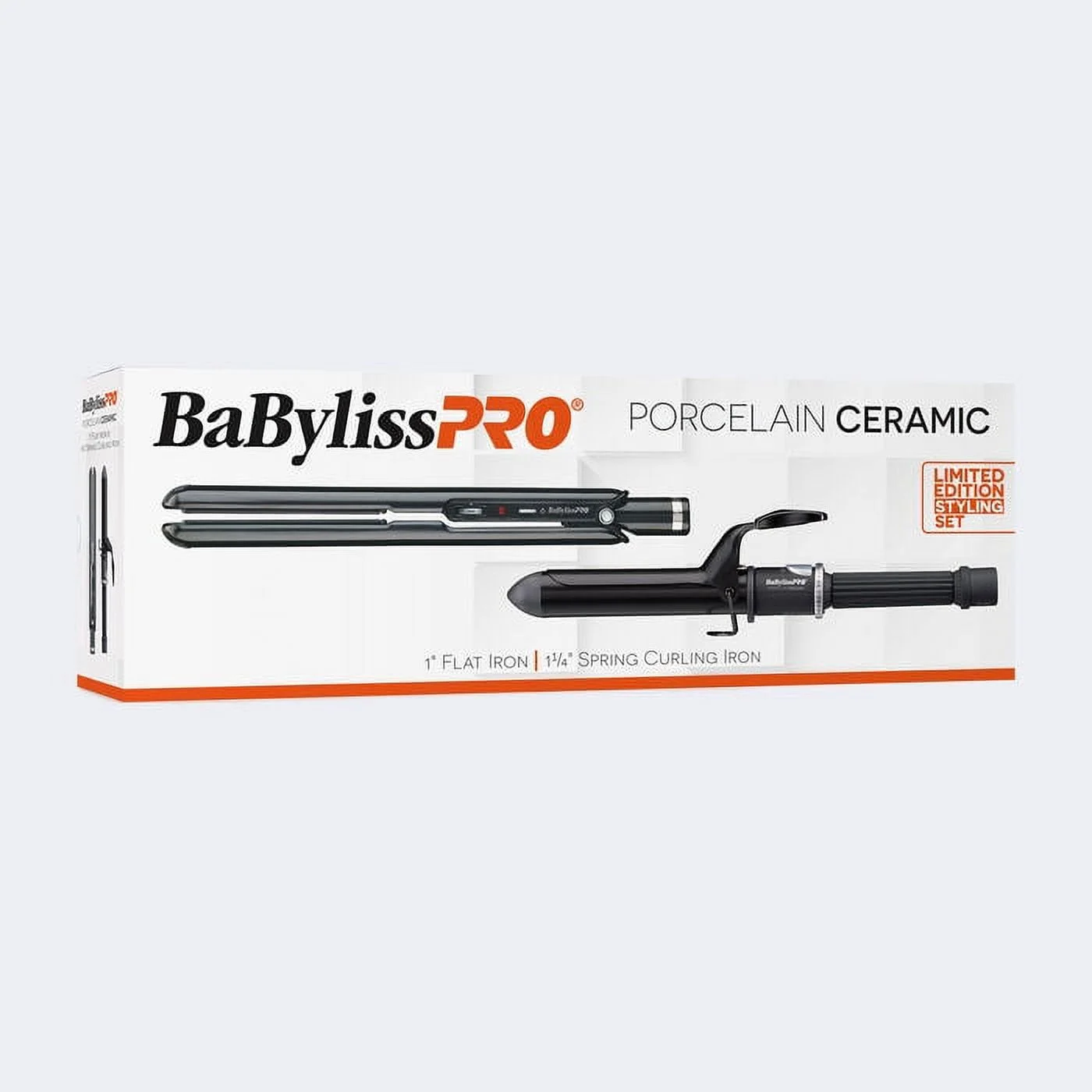 BaBylissPRO Porcelain Ceramic 1 1/4" Spring Curling Iron & 1" Flat Iron Prepack