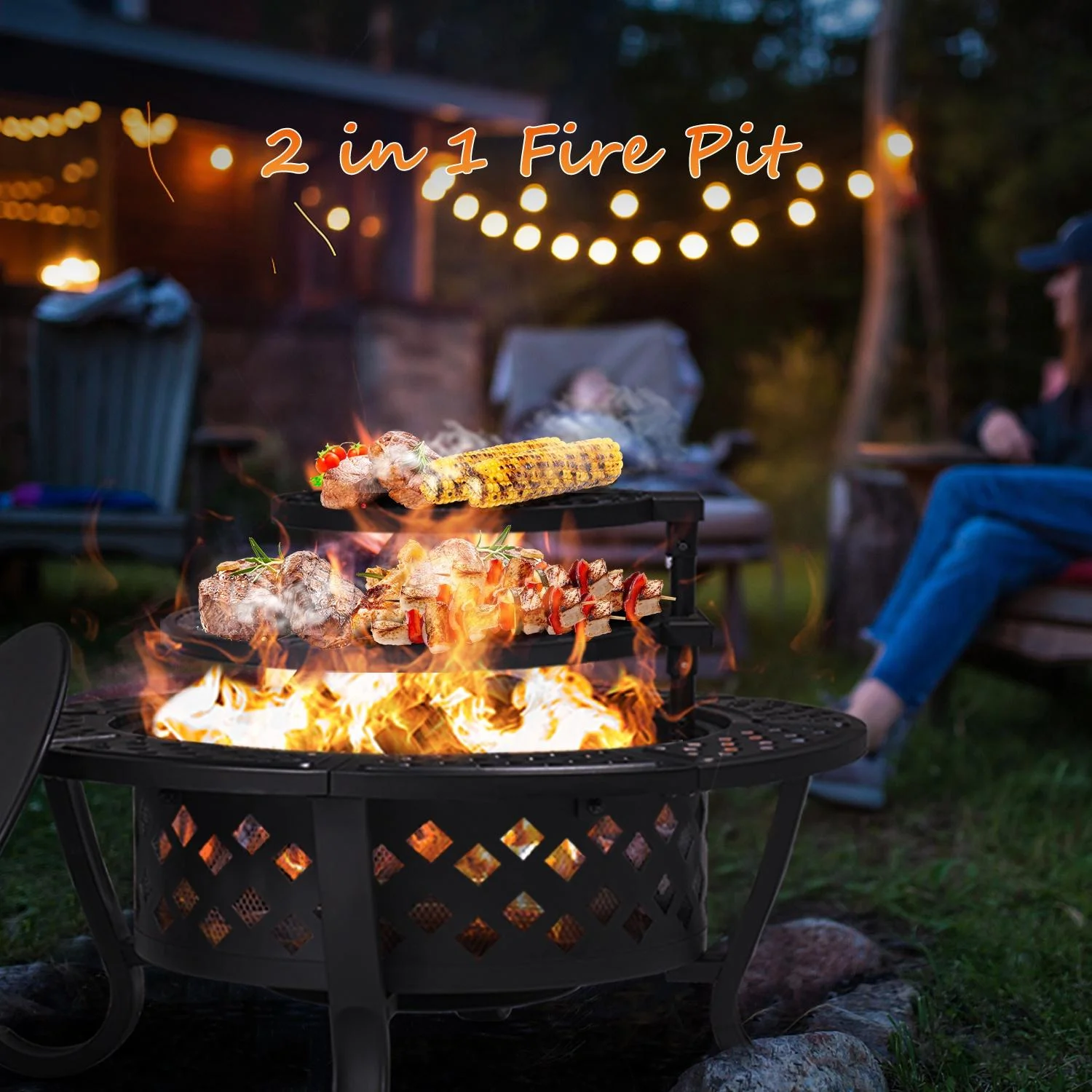 BaPiPro 28" Metal Burning Fire Pit with 2 Removable Cooking Swivel, BBQ, Party