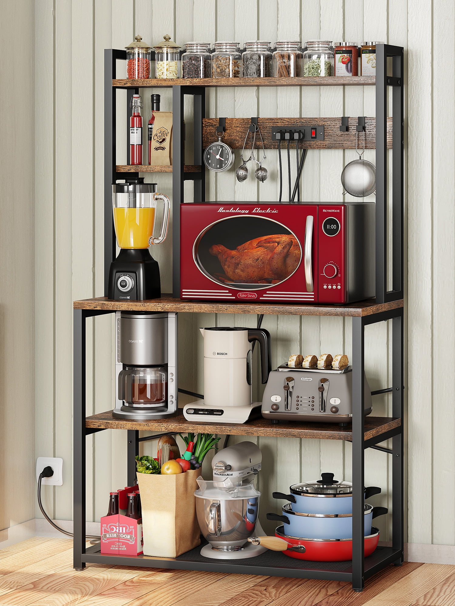 Baker's Rack with Power Outlet, BUG HULL Large Microwave Oven Stand with Charging Station & Removable Hooks, 5 Tier Industrial Storage Shelf, Coffee Bar, Brown