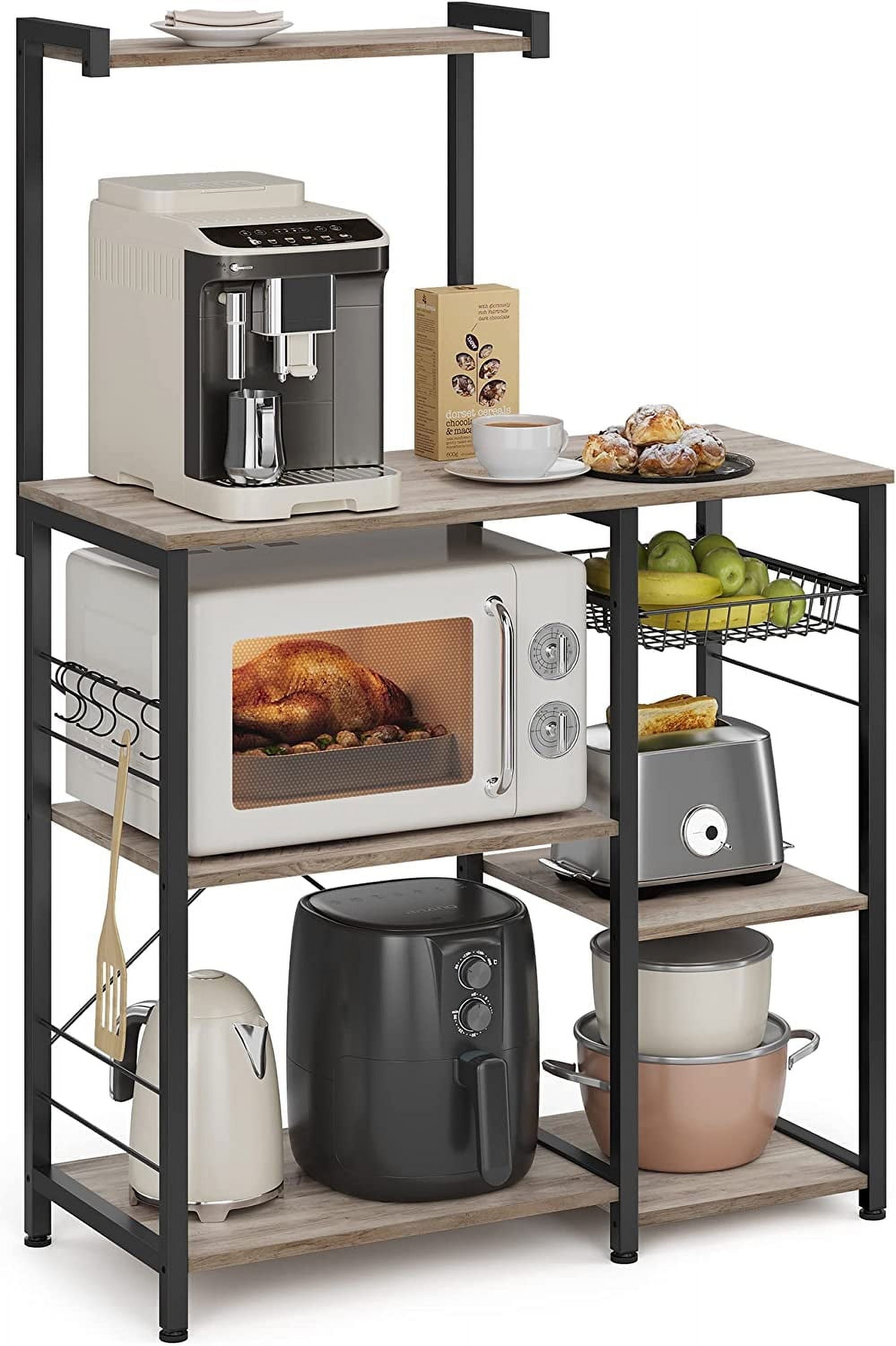 Bakers Rack, Microwave Stand with Wire Basket, for Spices, Pots, and Pans, Greige and Black