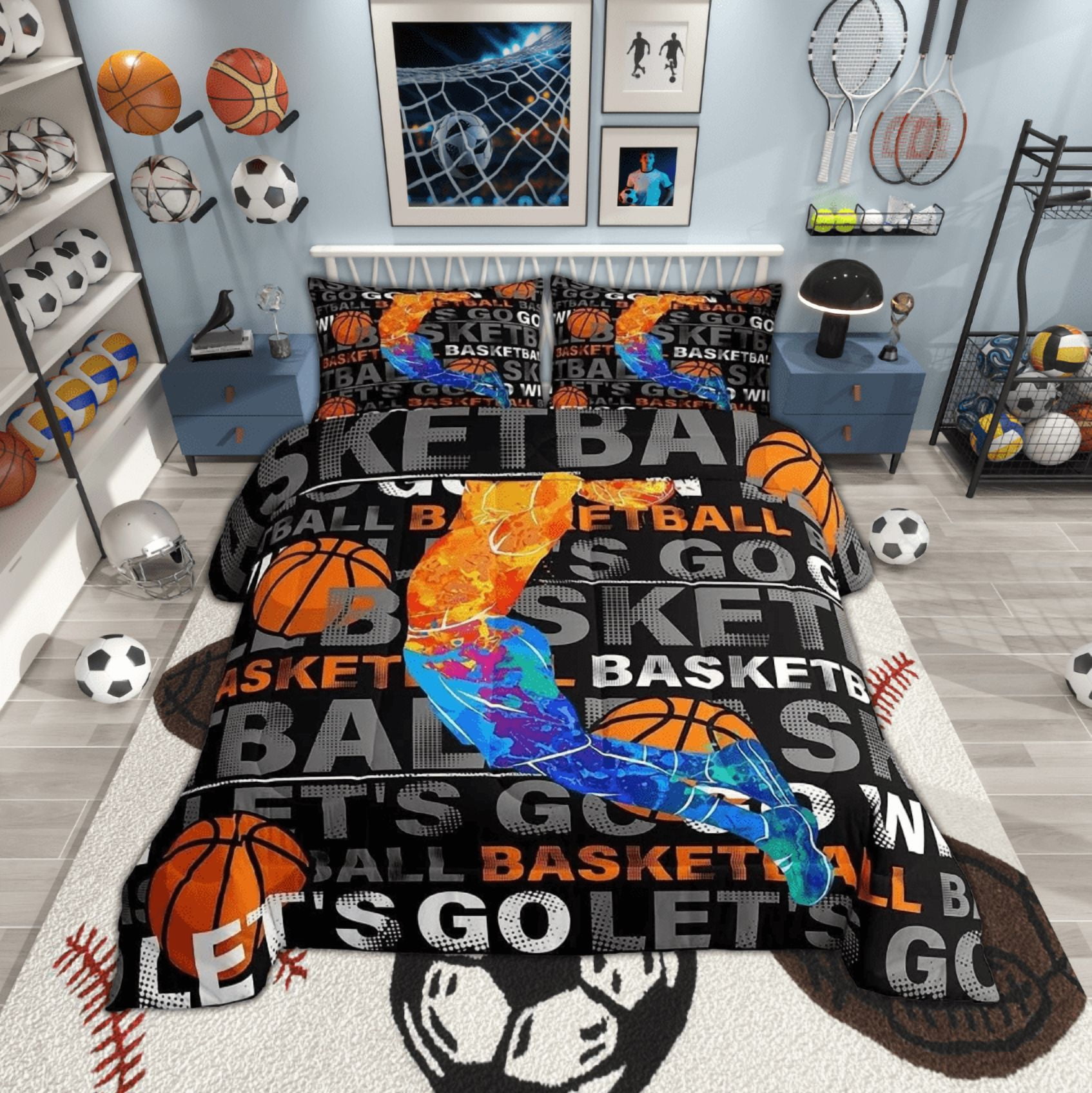 Ball Game Duvet Insert Twin Size,Basketball Bedding Set for Teens Man,Modern Balls Player Comforter Set European Sport Down Comforter for Young Man Bedroom Decor