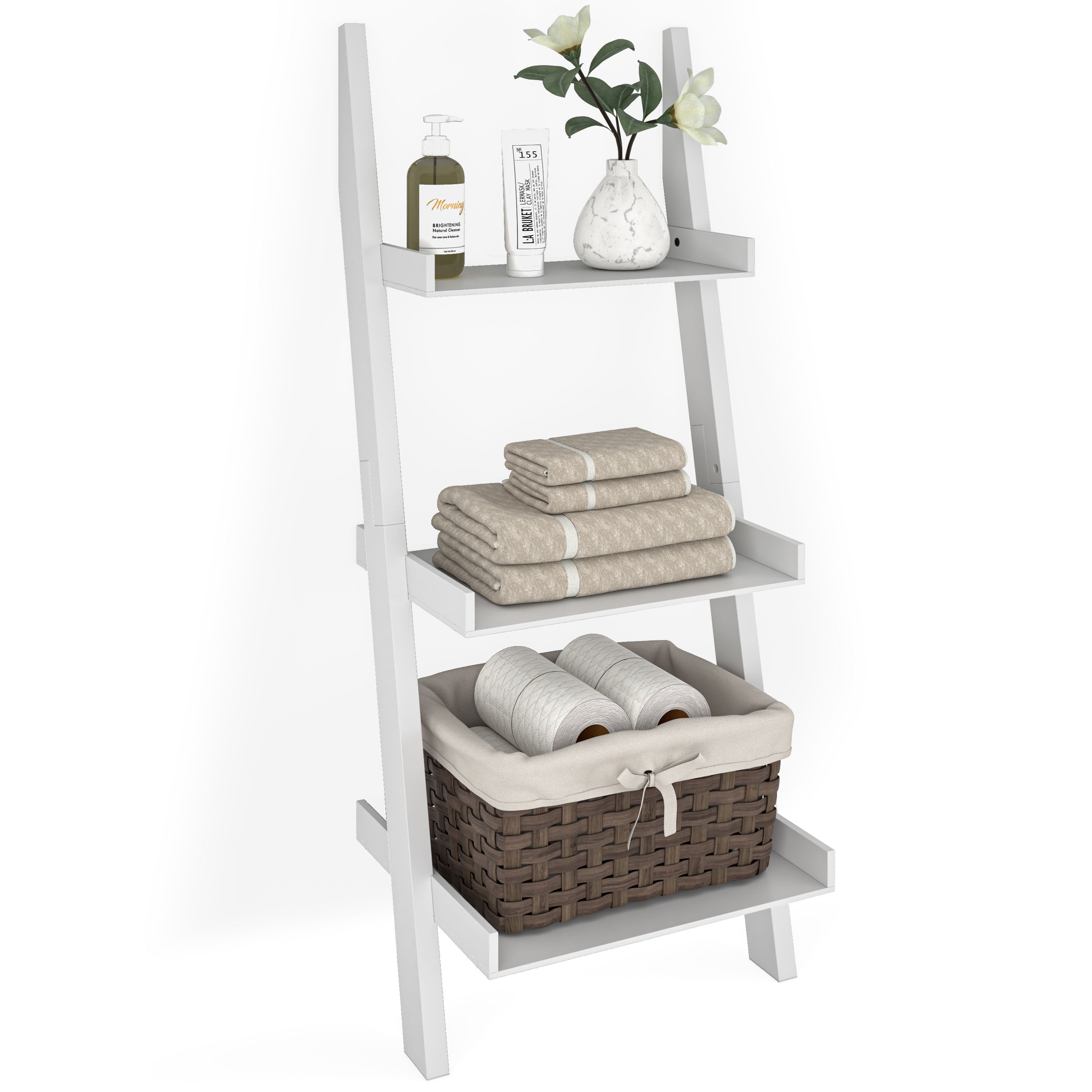 Ballucci 3-Tier Storage Ladder Shelf Bookcase, Wood Leaning Ladder Bookshelf, White