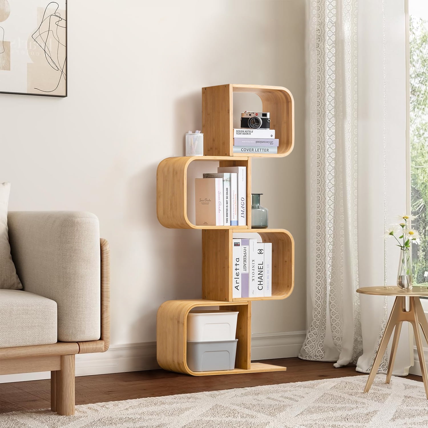 Bamboo Modern Geometric S-Shaped Bookshelf, Large Capacity Free-standing Multifunctional Organizer Storage CDs, DVDs, Display Rack Standing Book Shelf for Home, Office, Living Room, Bedroom