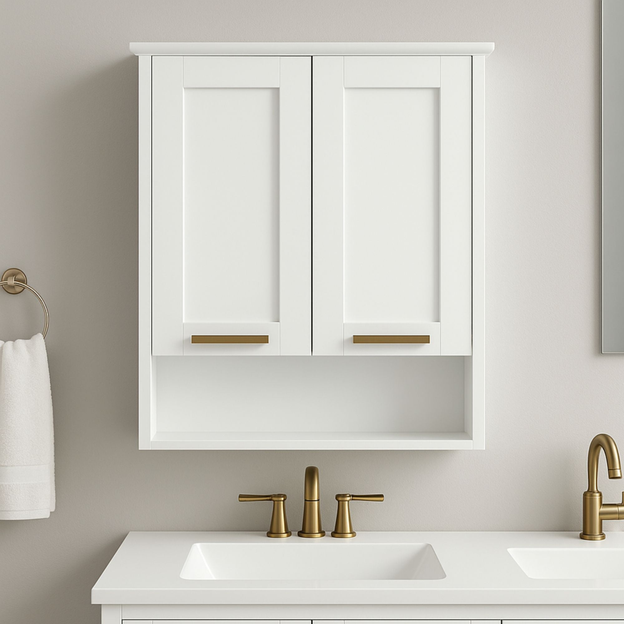 Baobao 2-Door Wall-Mount Bathroom Medicine Cabinet, Moisture-Proof PVC, White, 1 Pack