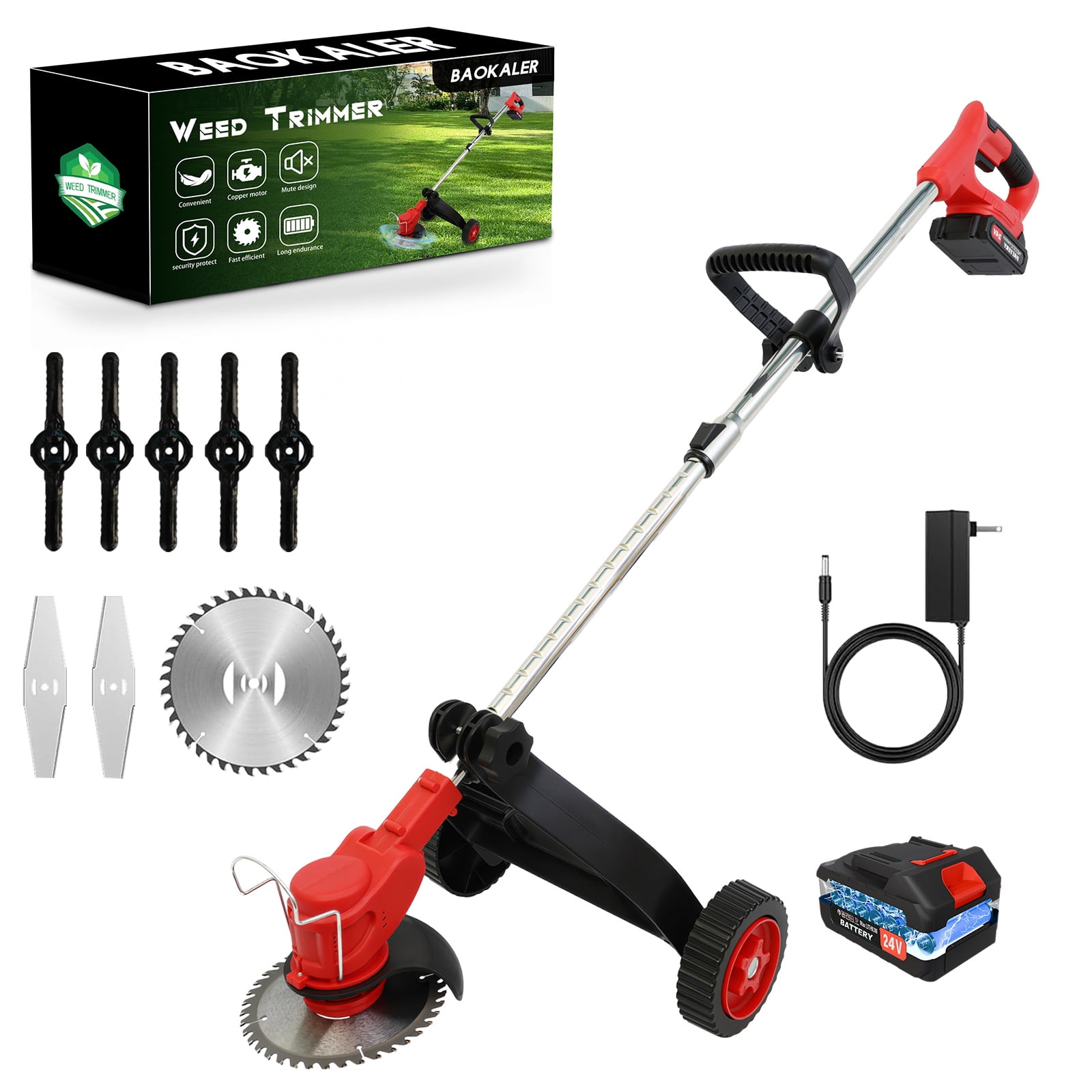 Baokaler Grass Trimmer Cordless, 2AH Electric Weed Eaters Weed Trimmer, 6 inch Weed Wacker Kit with Upgraded Wheels, 1 Battery Red