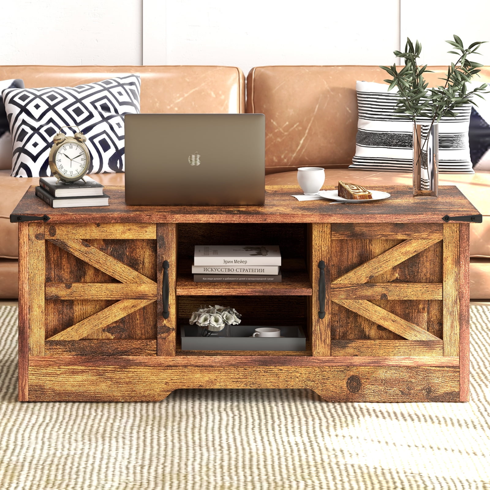 Bapipro Modern Farmhouse Coffee Table, with Large Storage Space, for Living Room, Family Room, Brown