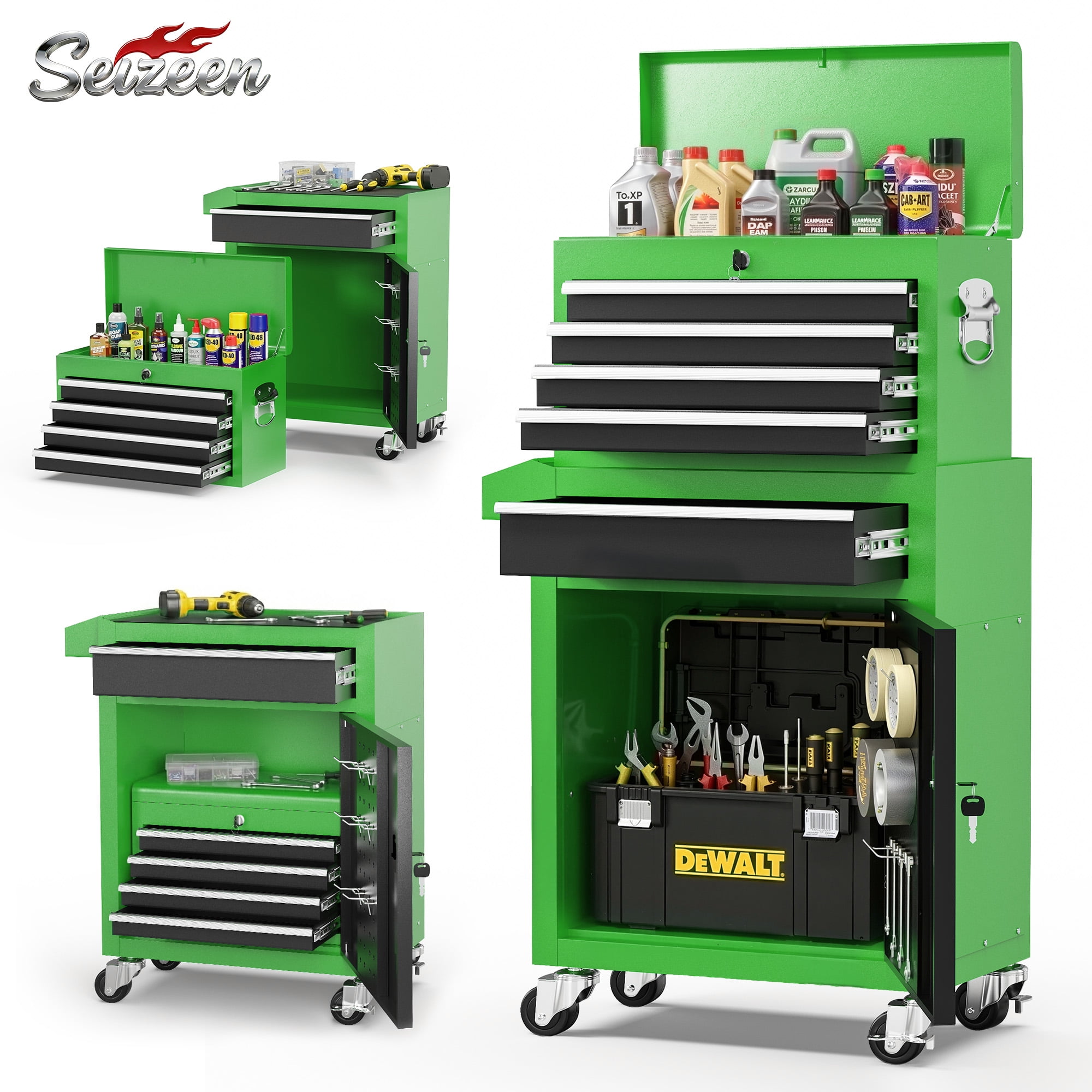 5-Drawer Tool Chest on Wheels, 2 In 1 Rolling Tool Storage Cabinet, Tool Organizer for Garage, Workshop, Warehouse & Repair Shop, Green