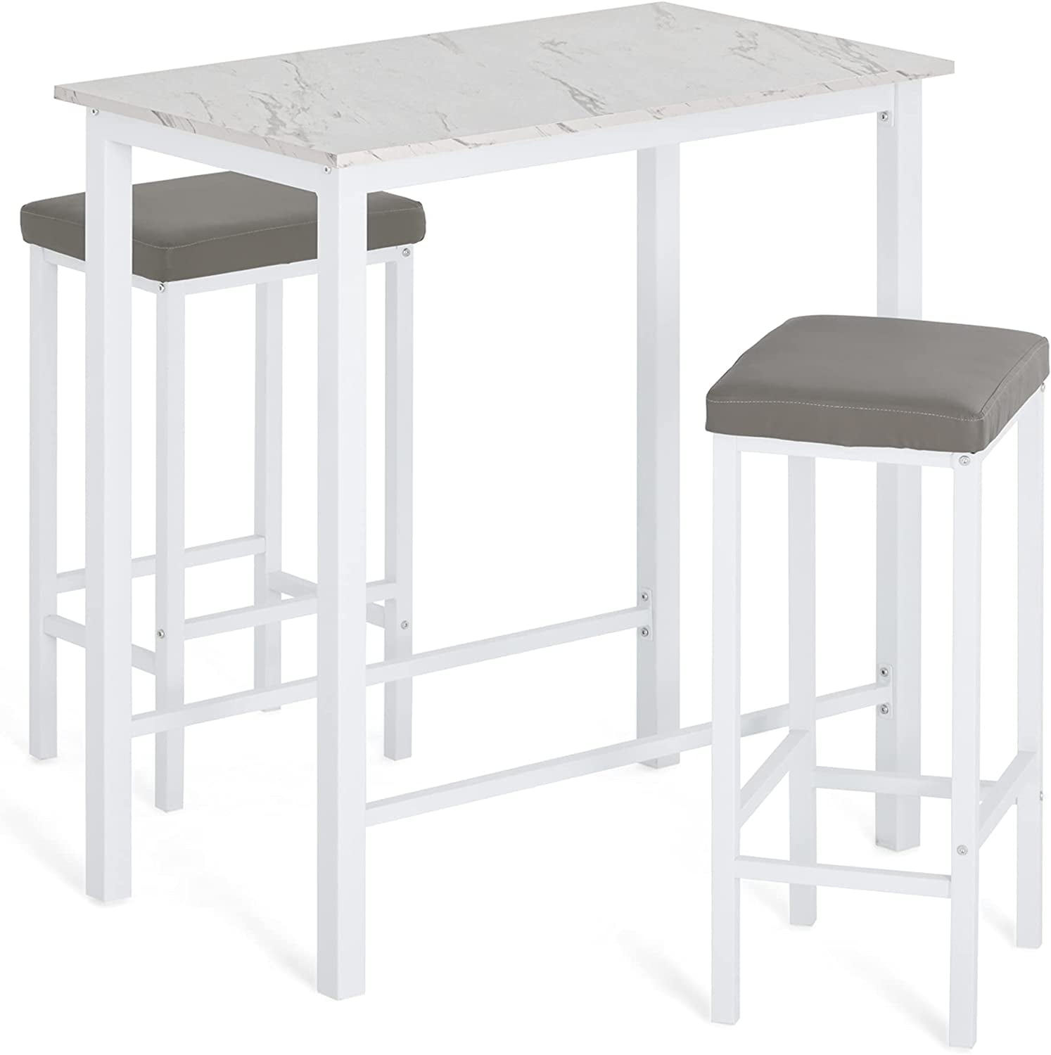 Bar Table Set with 2 Cushioned Counter Height Stools, Dining Table Set for 2, White Faux Marbled