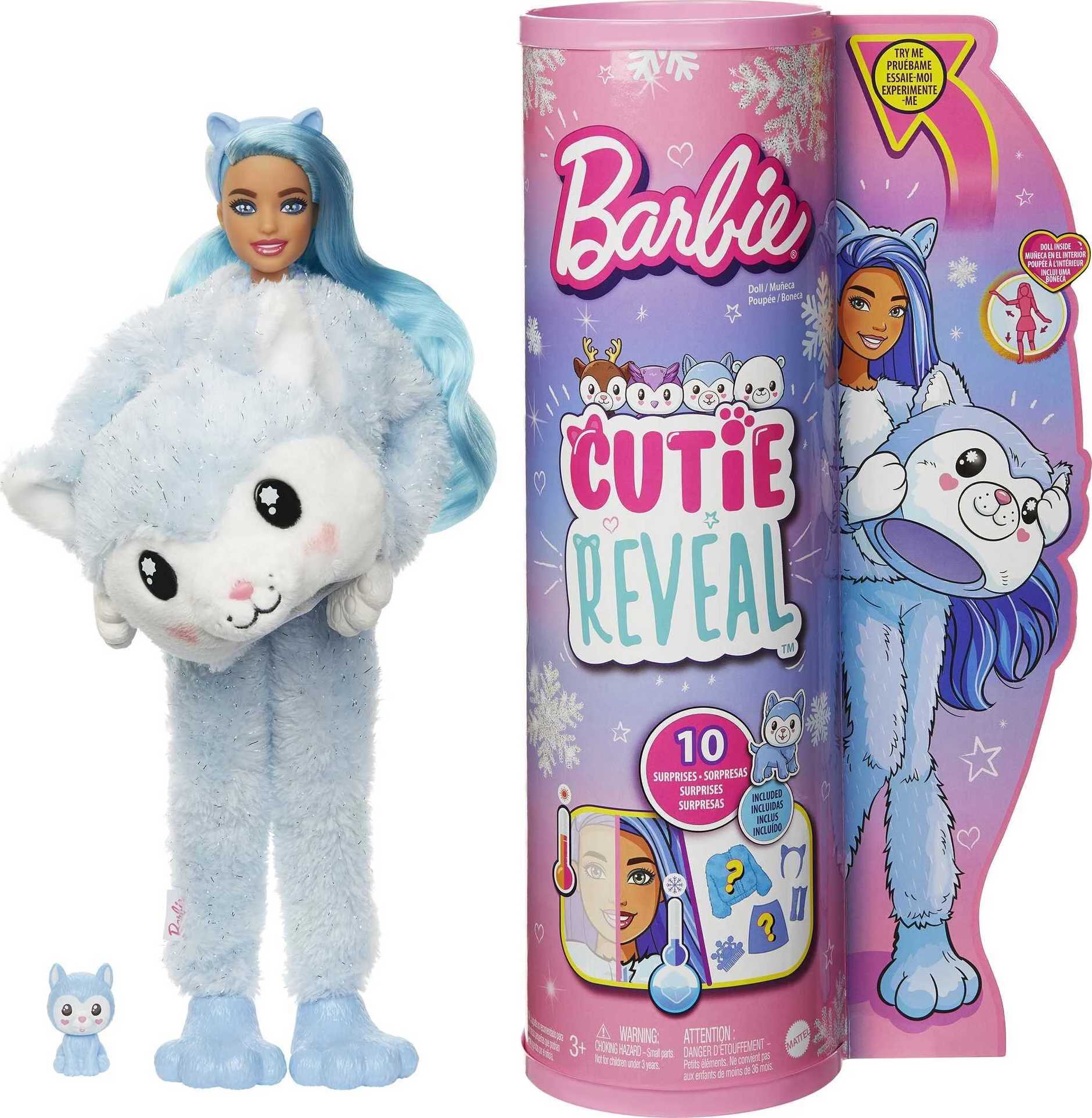 Barbie Cutie Reveal Snowflake Sparkle Fashion Doll with Husky Plush Costume, Mini Pet & Accessories