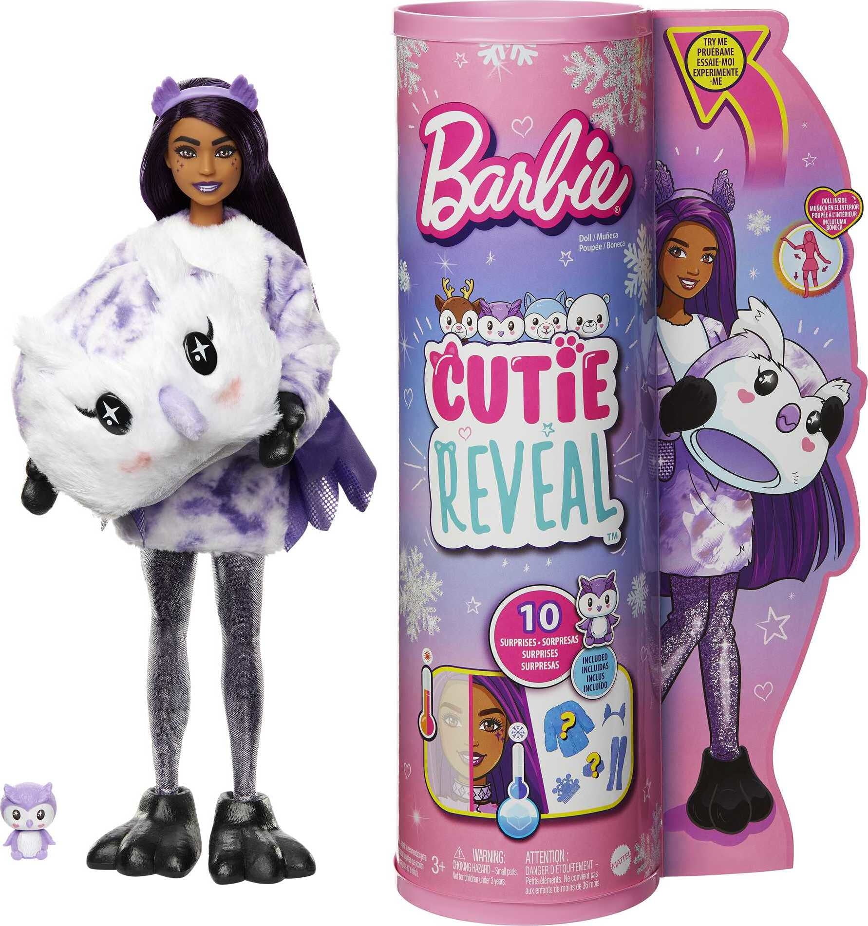 Barbie Cutie Reveal Snowflake Sparkle Fashion Doll with Owl Plush Costume, Mini Pet & Accessories