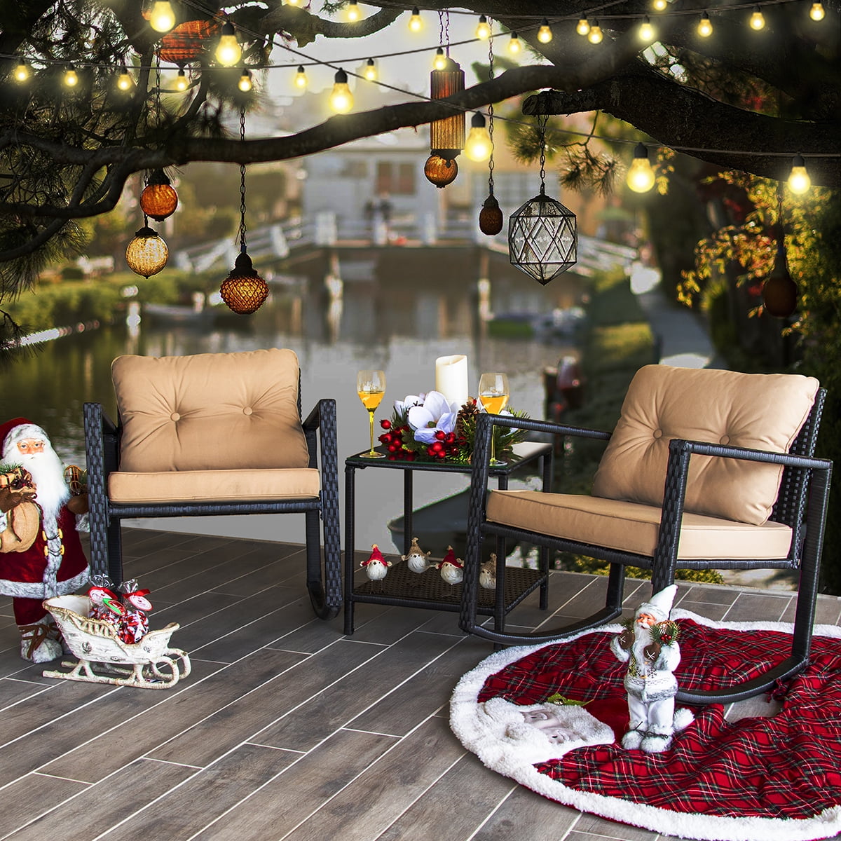 Barton 3pcs Patio Rocker Set Wicker Rocking Cushion Chair w/ Table, Beige