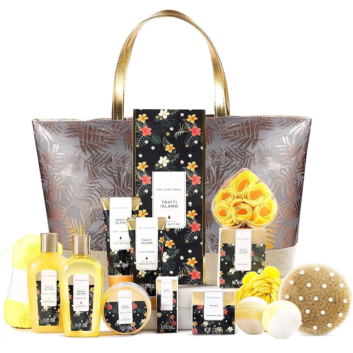 Bath Gift Sets for Women - 15 Pcs Tahiti Island Spa Baskets, Beauty Bath and Body Birthday Valentines Day Gifts for Her
