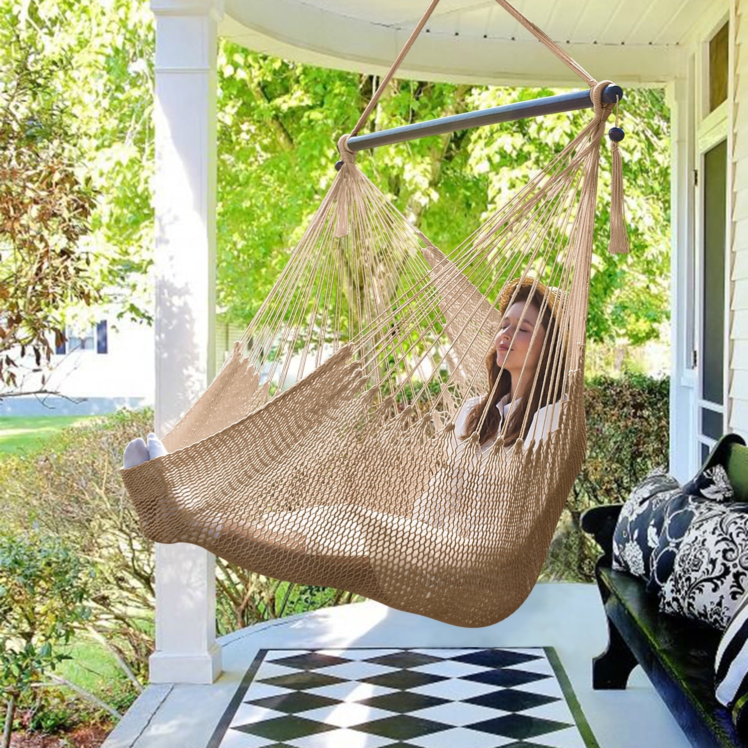 Bathonly Portable Caribbean Hammock Swing Chair with Wood Bar, Outdoor Indoor, Max 330 lbs, Brown