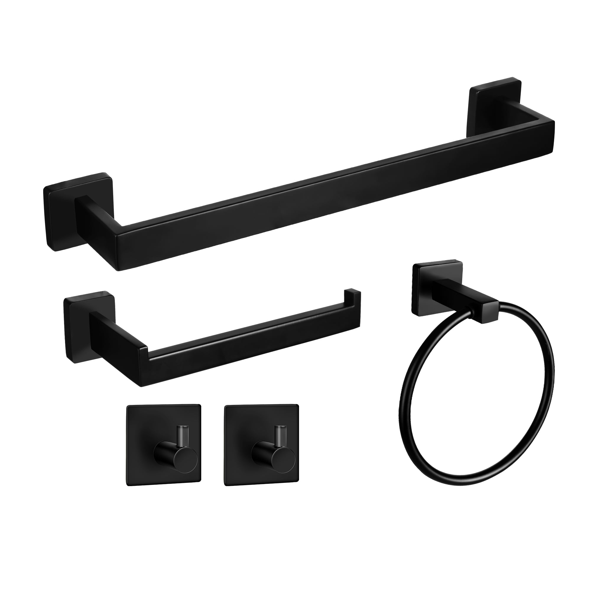 Bathroom Hardware Set, 5-Piece Matte Black Bath Accessories Set Wall Mount Includes 16'' Towel Bar, Toilet Paper Holder,Towel Ring, 2 Hooks SUS304 Stainless Steel,Heavy Duty, Black Square