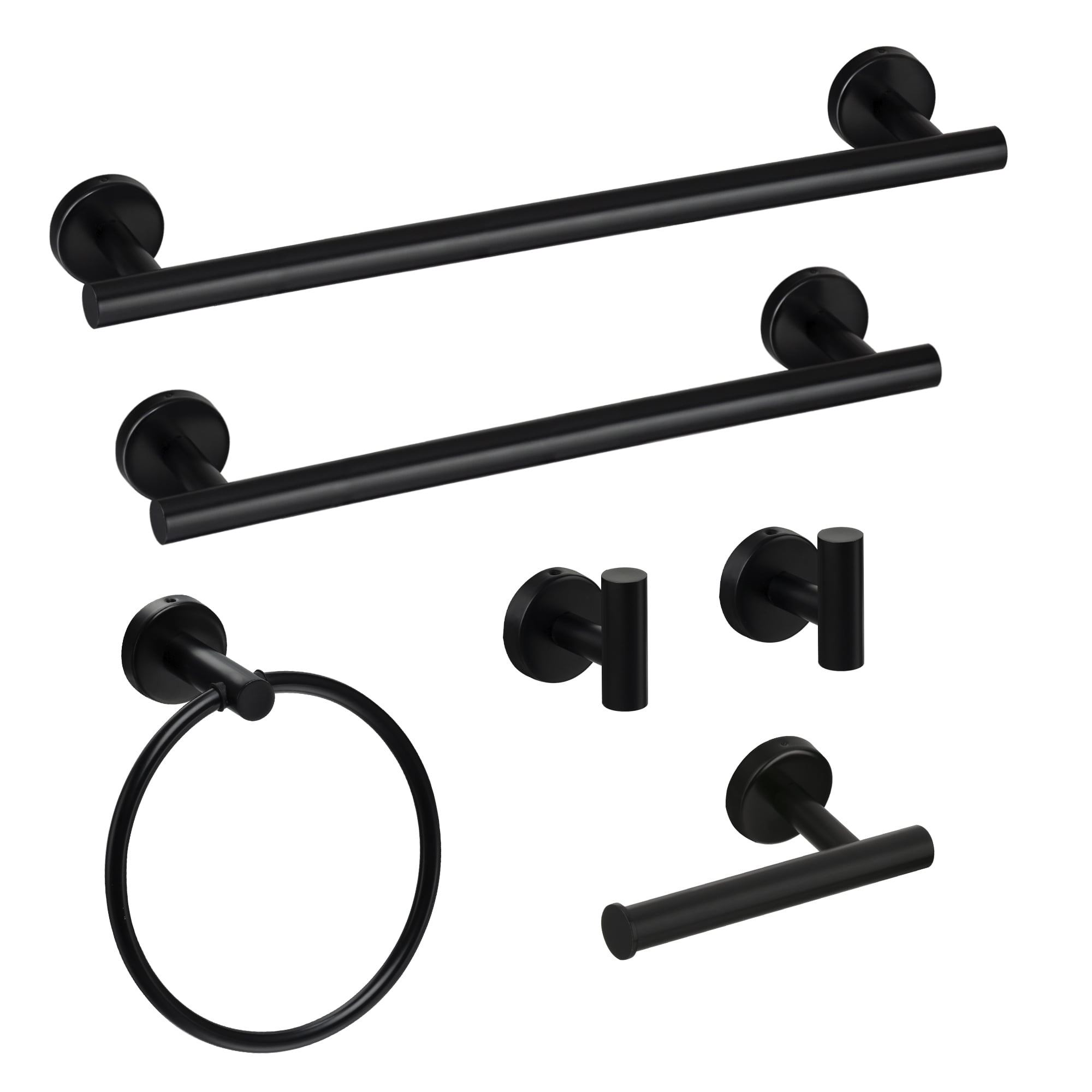 Bathroom Hardware Set, 6-Piece Matte Black Bath Accessories Set Wall Mount Includes 17/23" Towel Bar,Toilet Paper Holder,Towel Ring, 2 Hooks SUS304 Stainless Steel,Heavy Duty
