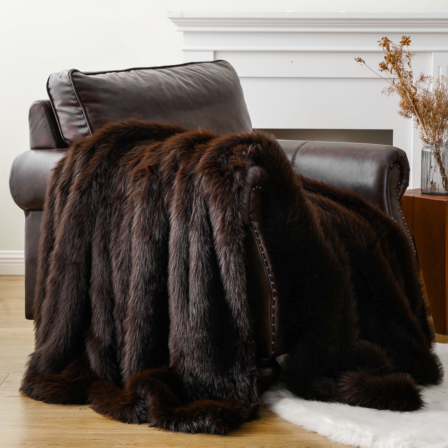 Battilo Brown Faux Fur Throw Blanket, Fluffy Thick Fur Blanket,Plush Fuzzy Bed Throws,50"x60"