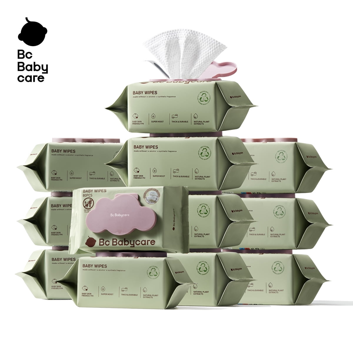 Bc Babycare Sensitive Baby Wipes Unscented, XL Extra Thick,Hypoallergenic,99% Water,960 Wipes,12 Refill Packs