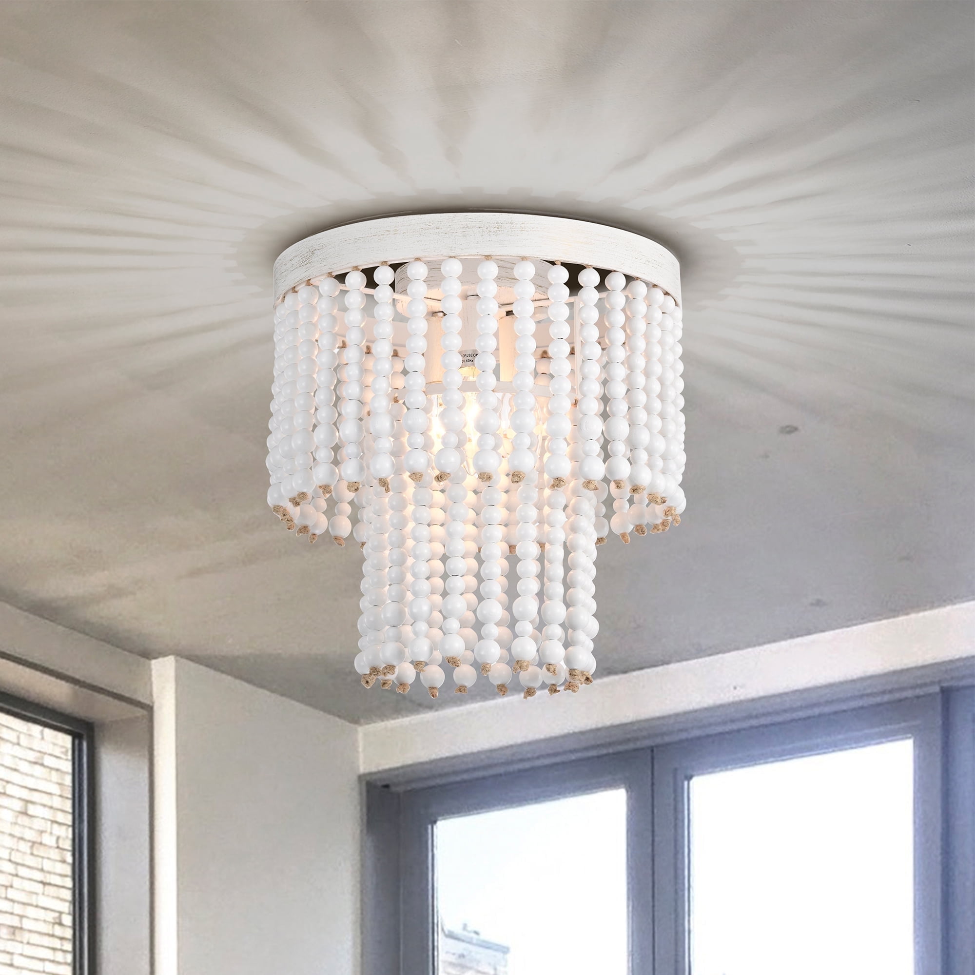 Beaded Flush Mount Ceiling Light Fixture 3-Light Boho Light Fixtures Ceiling 2-Tier Antique Rustic Chandeliers for Bedrooms Nursery Room Hallway Dining Room