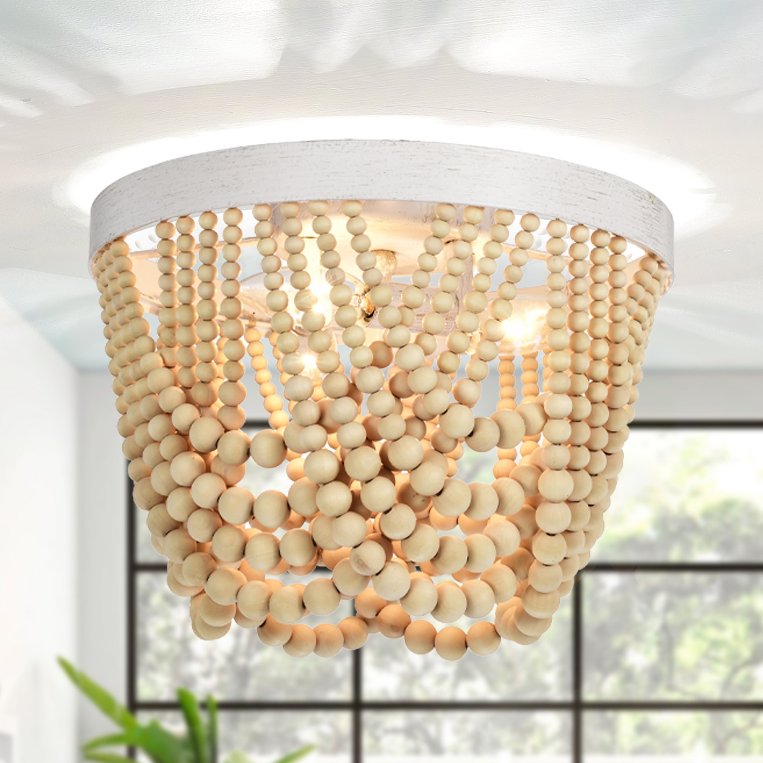 Beaded Flush Mount Ceiling Light 3-Light Wood Bead Chandeliers Boho Light Fixtures Ceiling Mount