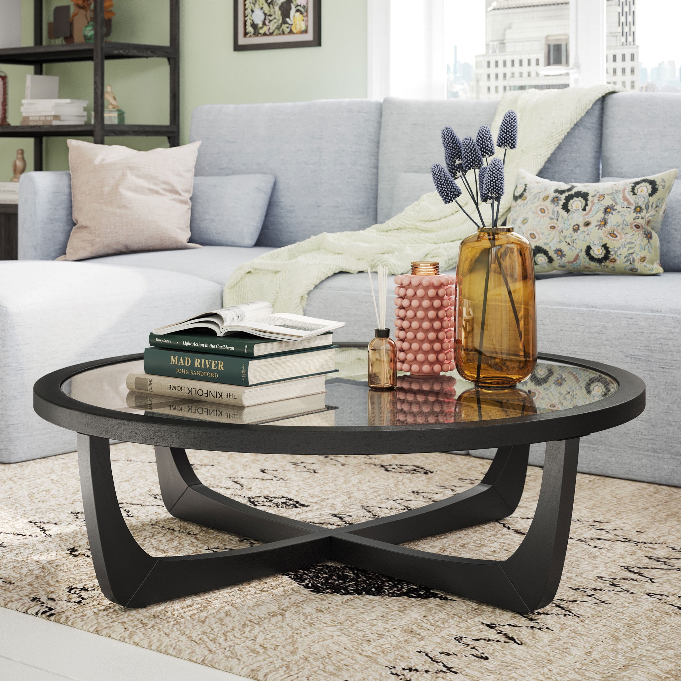Beautiful by Drew Barrymore Round Rattan and Glass Top Coffee Table, Black