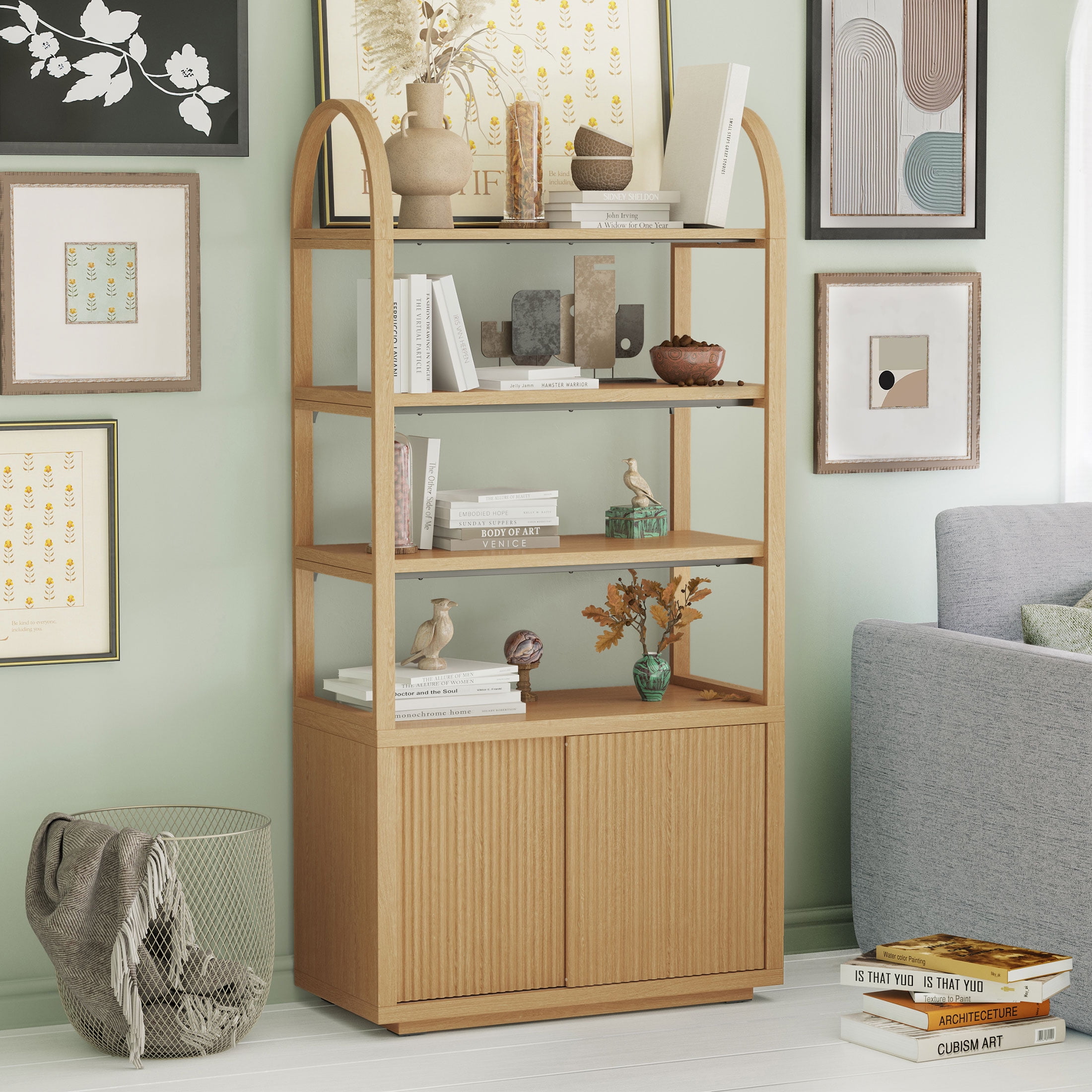 Beautiful Fluted 3-Shelf Bookcase with Storage Cabinet by Drew Barrymore, Light Honey Wood Finish
