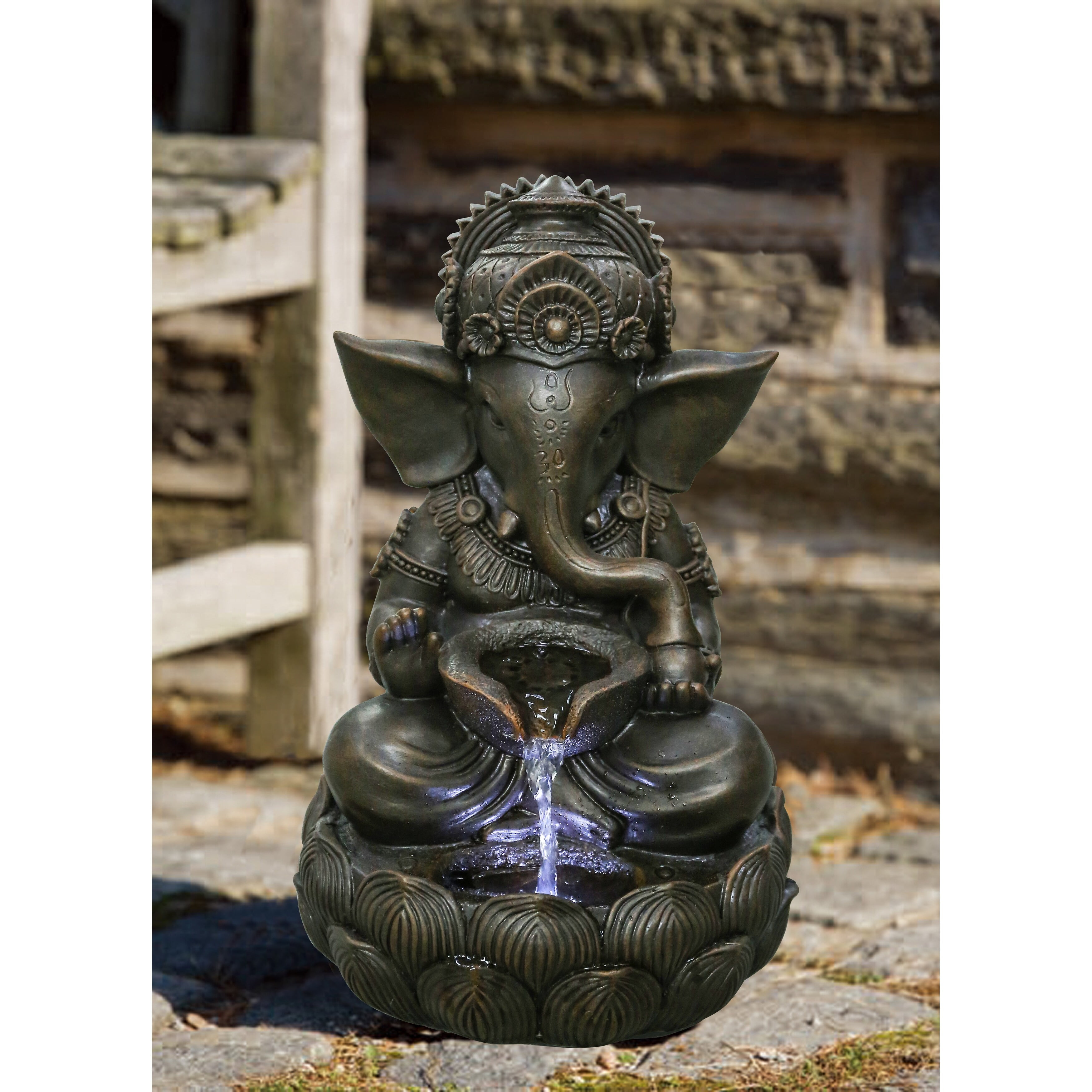 Bed Bath & Beyond 79554-M LED Lights Polyresin Lord Ganesh Sculptural Tabletop Fountain, Brown